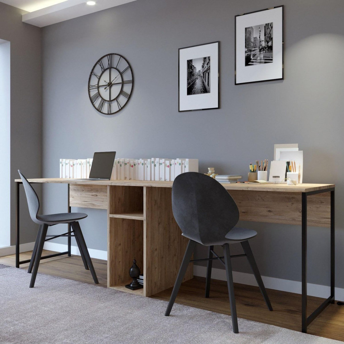 Habitat et Jardin Bureau en bois  Ikili Calisma  - 240 x 60 x 74 cm - Pin atlantique Noir