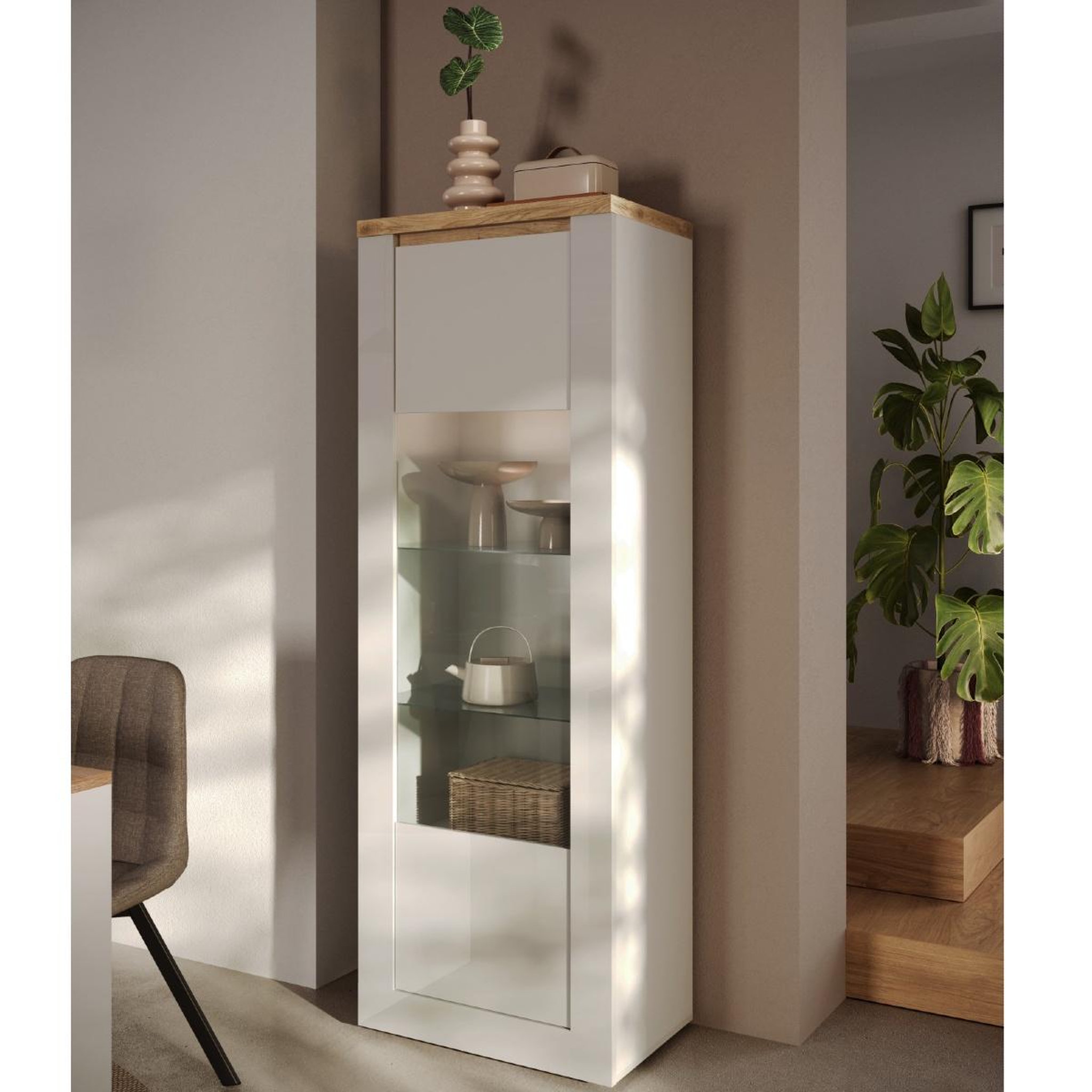 Voir la diapositive 2 : JLC KREATION Vitrine moderne 1 porte laqué blanc et bois + led ARIA