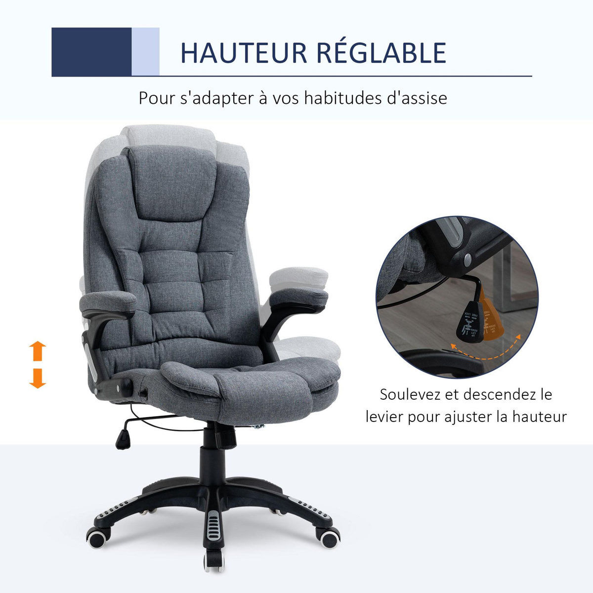 VINSETTO Vinsetto Fauteuil de bureau direction ergonomique hauteur réglable dossier inclinable toile de lin gris chiné