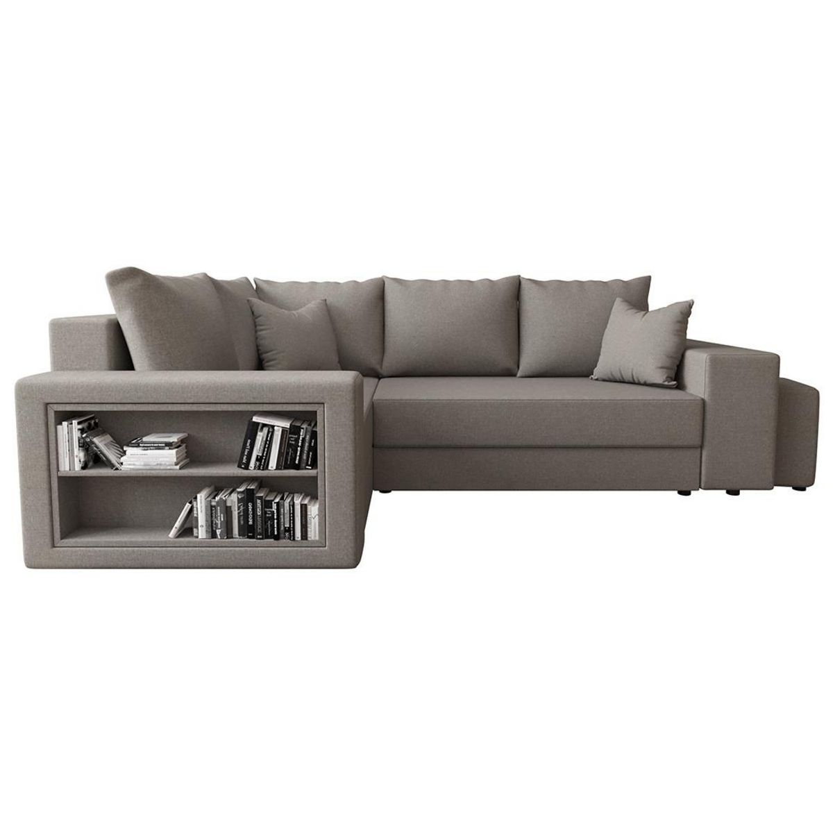 BEST MOBILIER Libbie - canapé d'angle gauche 4 places convertible avec coffre, étagère et poufs en tissu