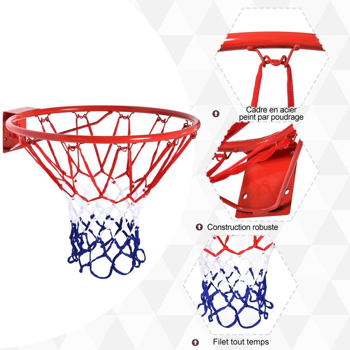 HOMCOM Panier de basket, anneau de basketball avec filet Ø 46 cm, support mural intérieur et extérieur, rouge