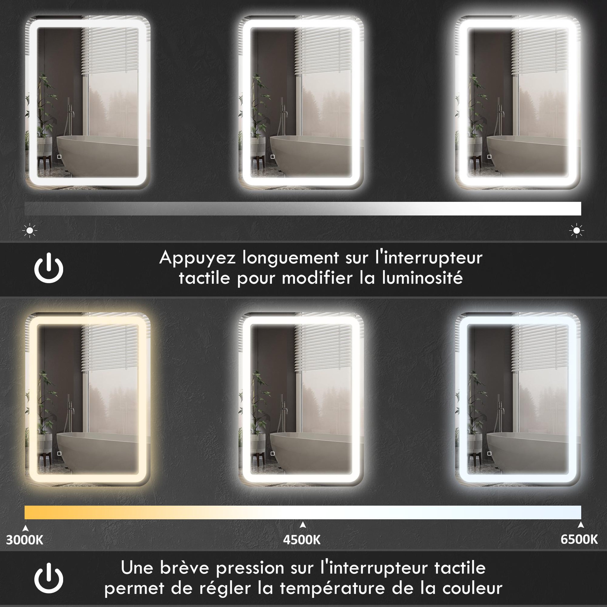 Voir la diapositive 5 : HOMCOM Miroir lumineux led 35w antibué réglable interrupteur tactile dim. 50l x 4p x 70h cm