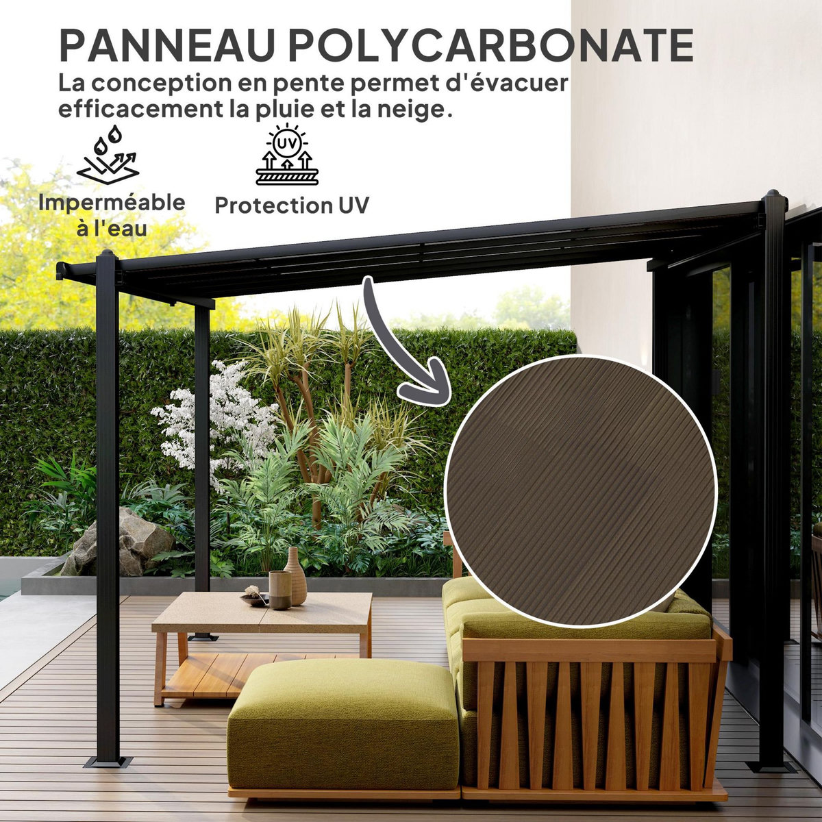 OUTSUNNY Pergola adossée en aluminium 3 x 3 m - goutières - anthracite toit polycarbonate fumé