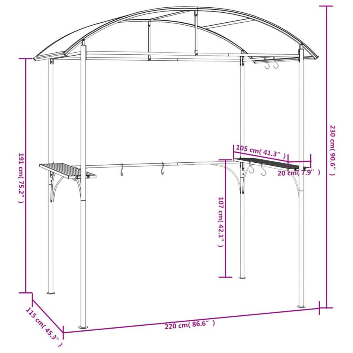 VIDAXL Gazebo BBQ et etageres laterales anthracite 220x115x230cm acier