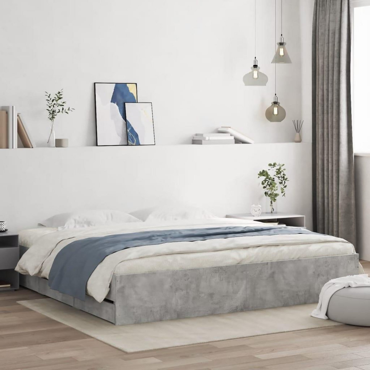 VIDAXL Cadre de lit avec tiroirs sans matelas gris beton 200x200 cm
