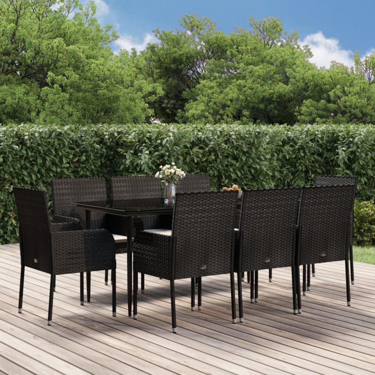 VIDAXL Ensemble a manger jardin 9pcs et coussins noir resine tressee