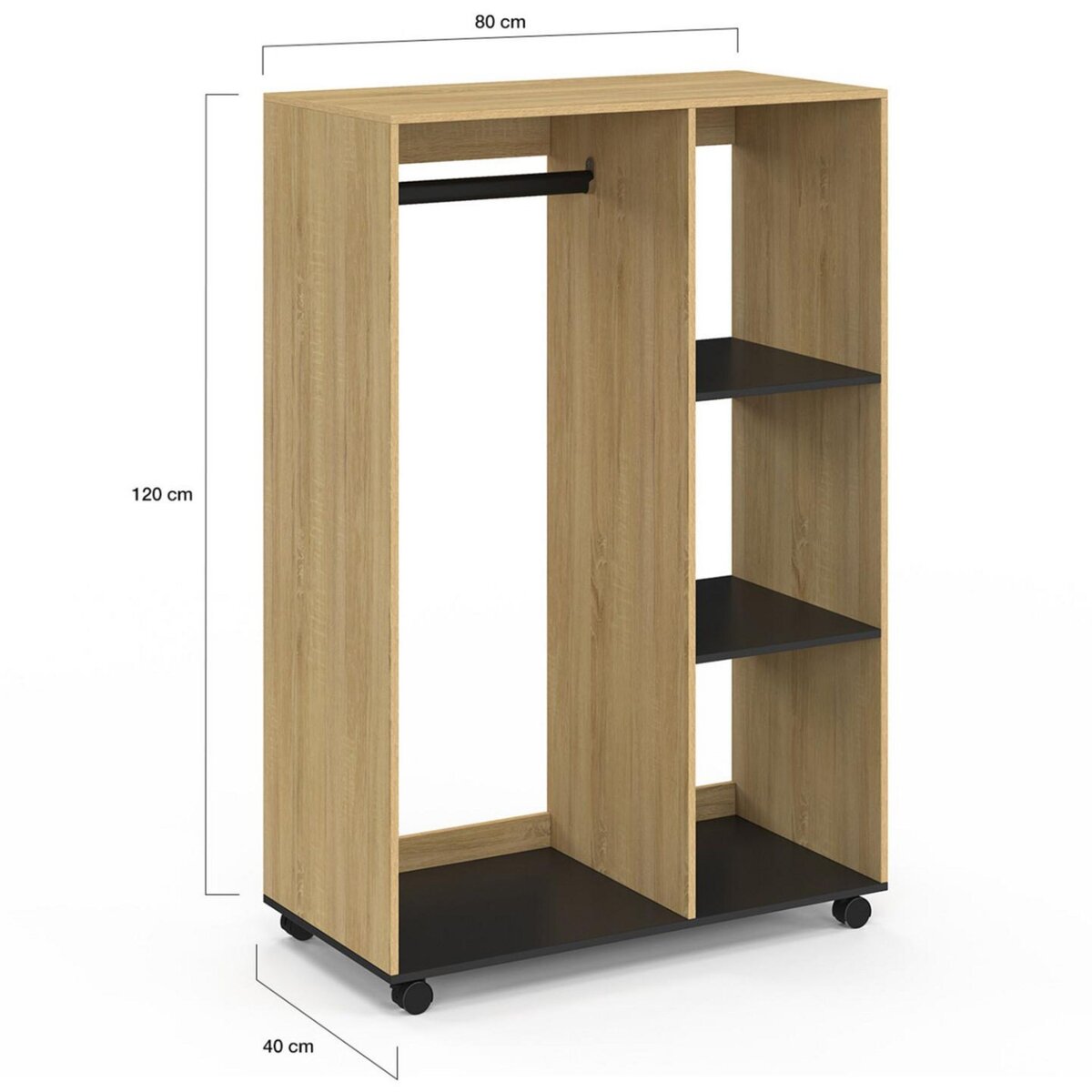 ID MARKET Dressing penderie RACHEL 80 x 40 x 120 cm à roulettes hêtre et noir