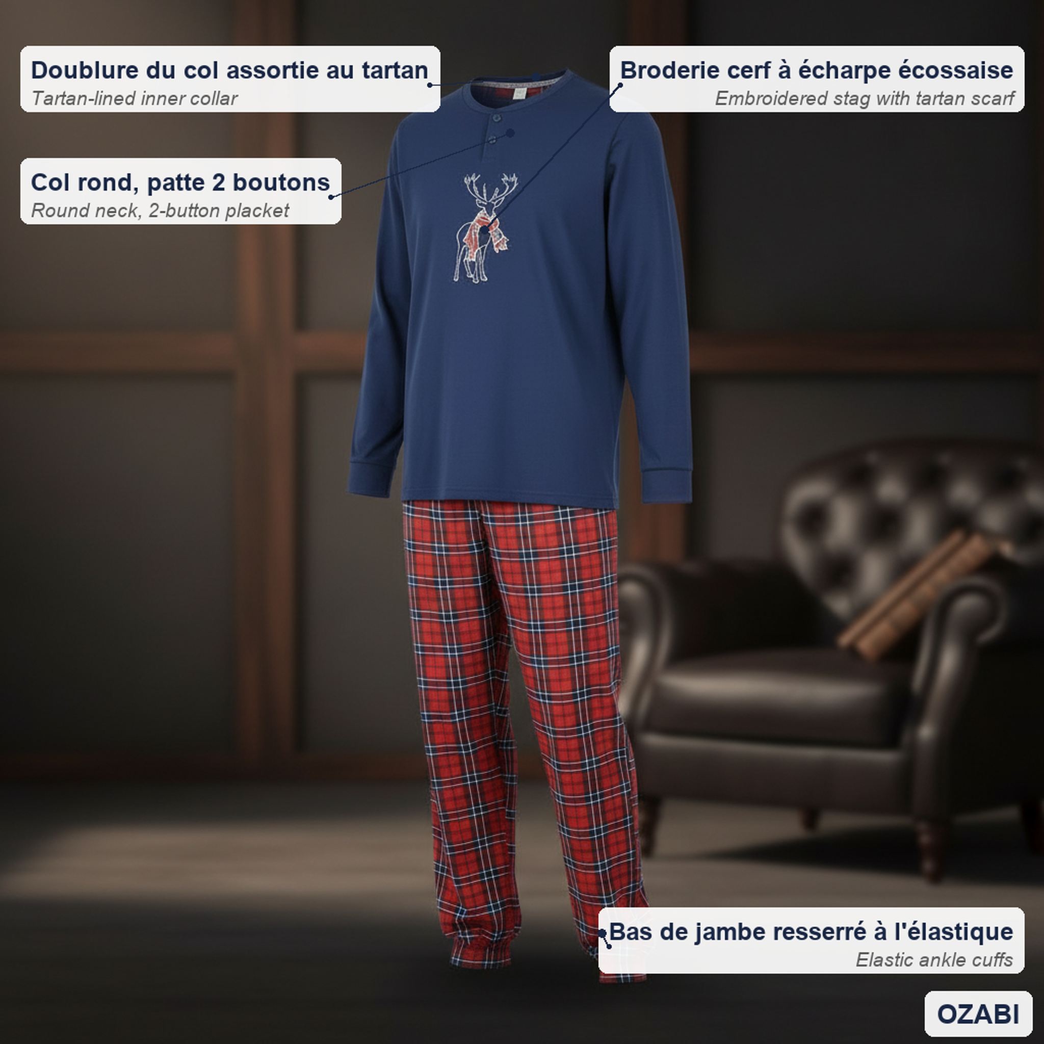 Voir la diapositive 5 : OZABI Ozabi ensemble pyjama homme coton majoritaire broderie cerf écossais