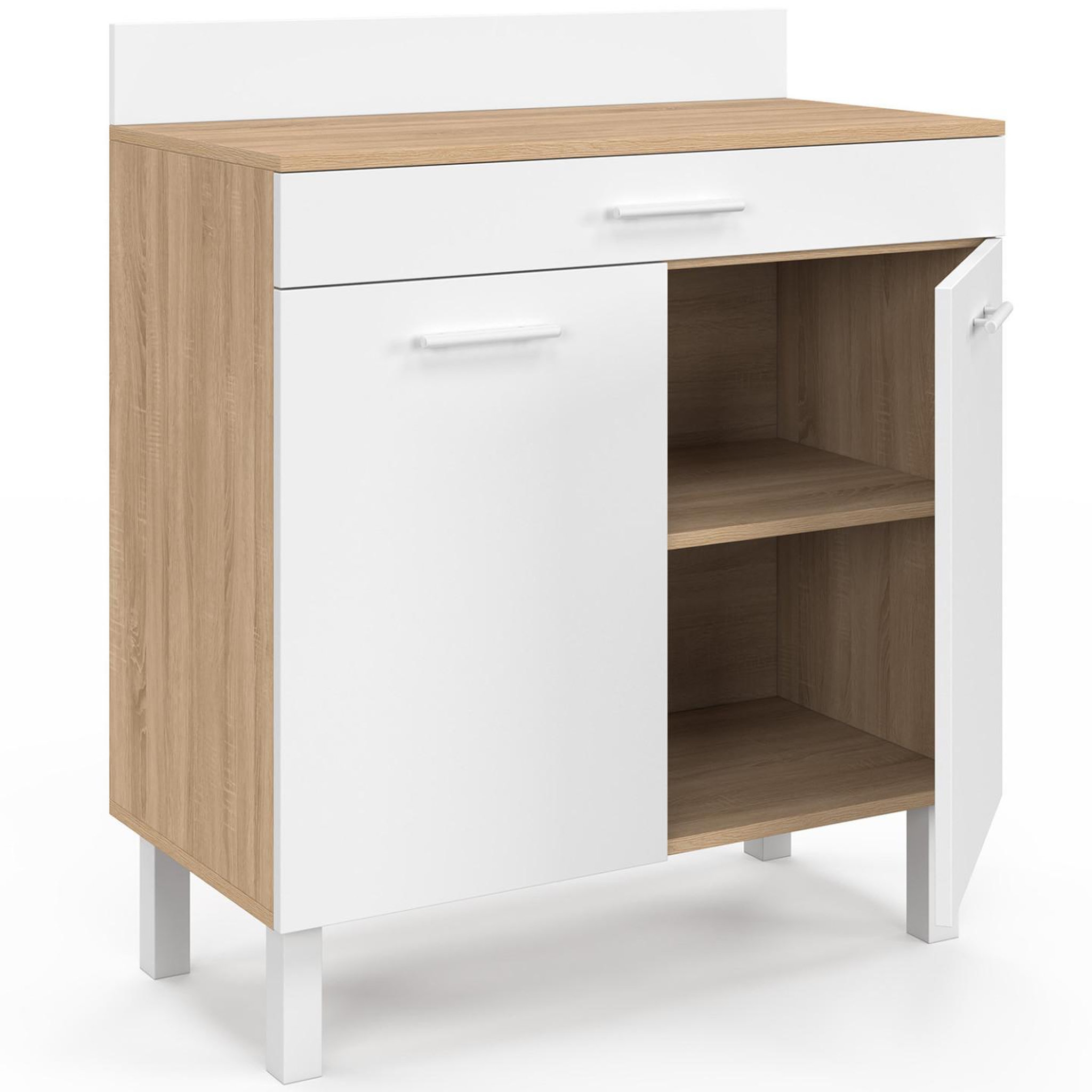 Voir la diapositive 6 : ID MARKET Buffet bas de cuisine 80 cm cina plan de travail h.83 cm 2 portes + tiroir façon hêtre et blanc