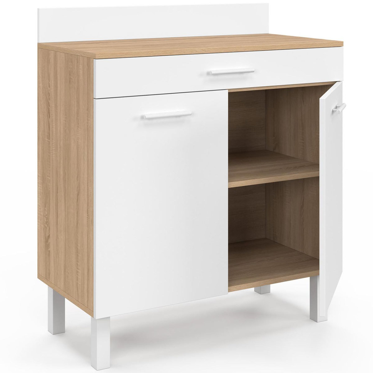 ID MARKET Buffet bas de cuisine 80 cm CINA plan de travail H.83 cm 2 portes + tiroir façon hêtre et blanc
