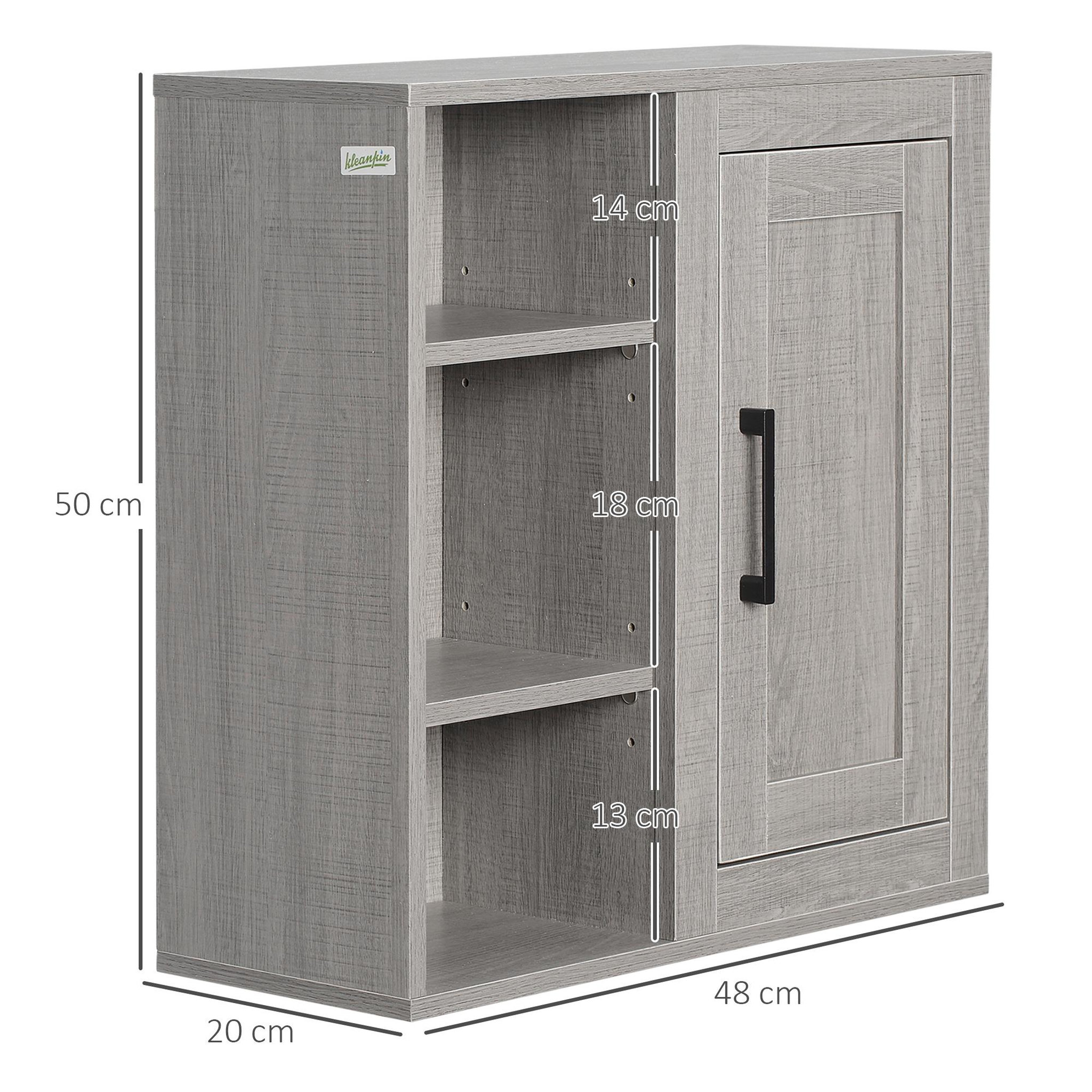 Voir la diapositive 3 : KLEANKIN Armoire haute murale de salle de bain ou wc placard 1 porte 3 niches dim. 48l x 20l x 50h cm panneaux particules gris