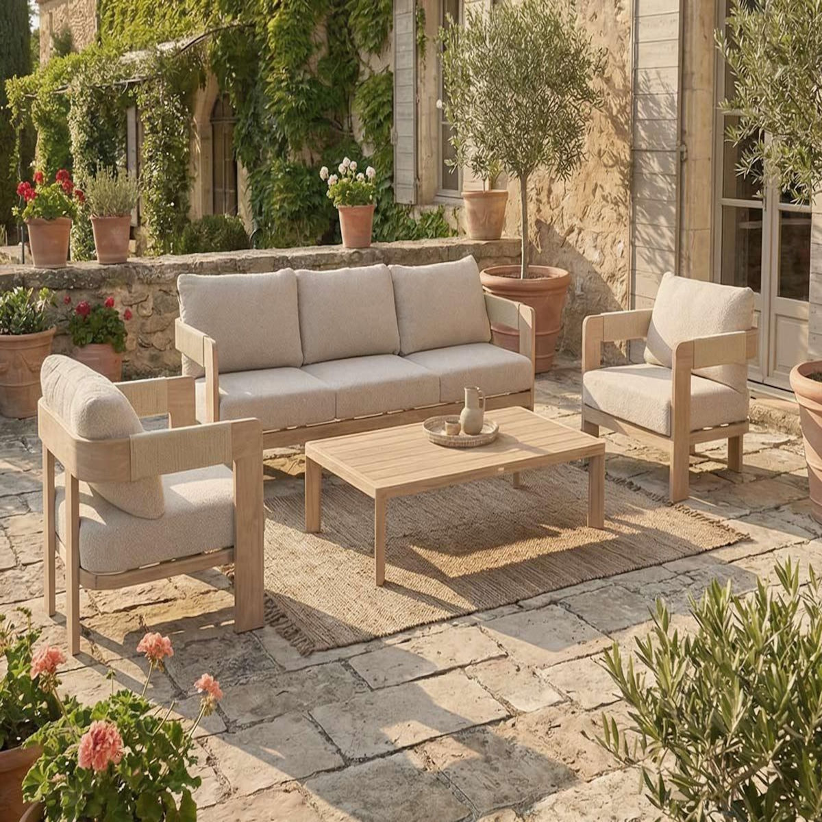 HESPERIDE Salon de jardin en alu effet bois Oryna Beige/Honey - 5 places - Hespéride