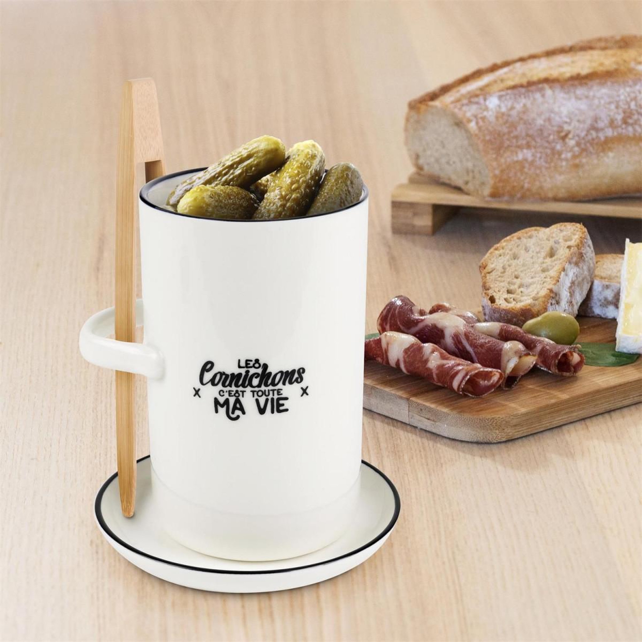 Voir la diapositive 5 : COOK CONCEPT Pot à Cornichon  Soucoupe & Pince  16cm Blanc