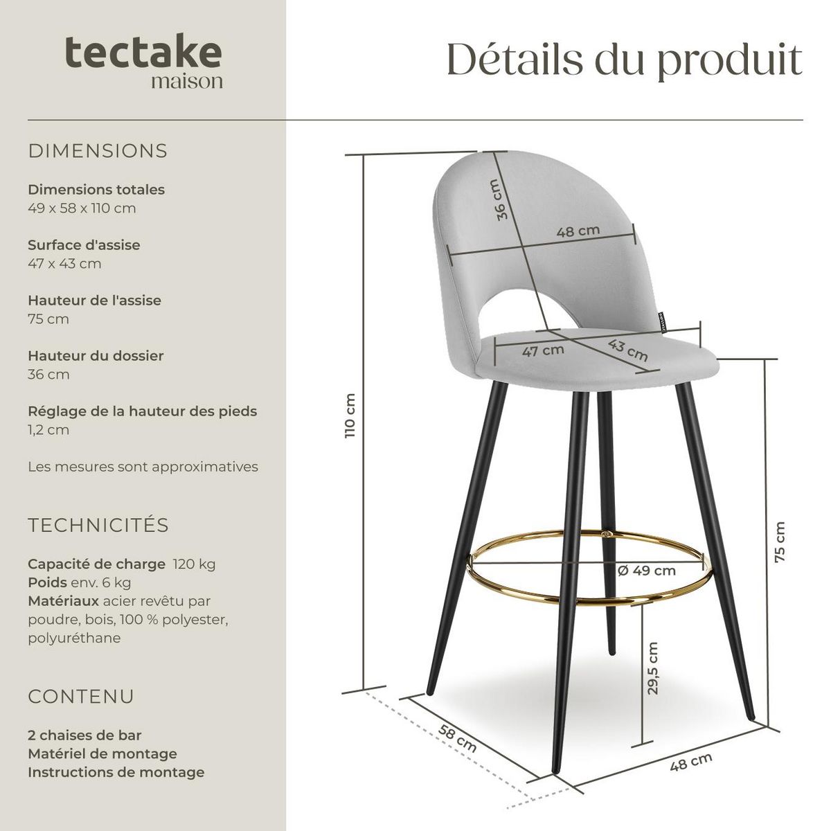 tectake Chaise de bar en velours rembourré gris clair/noir Ensemble de 2 pièces