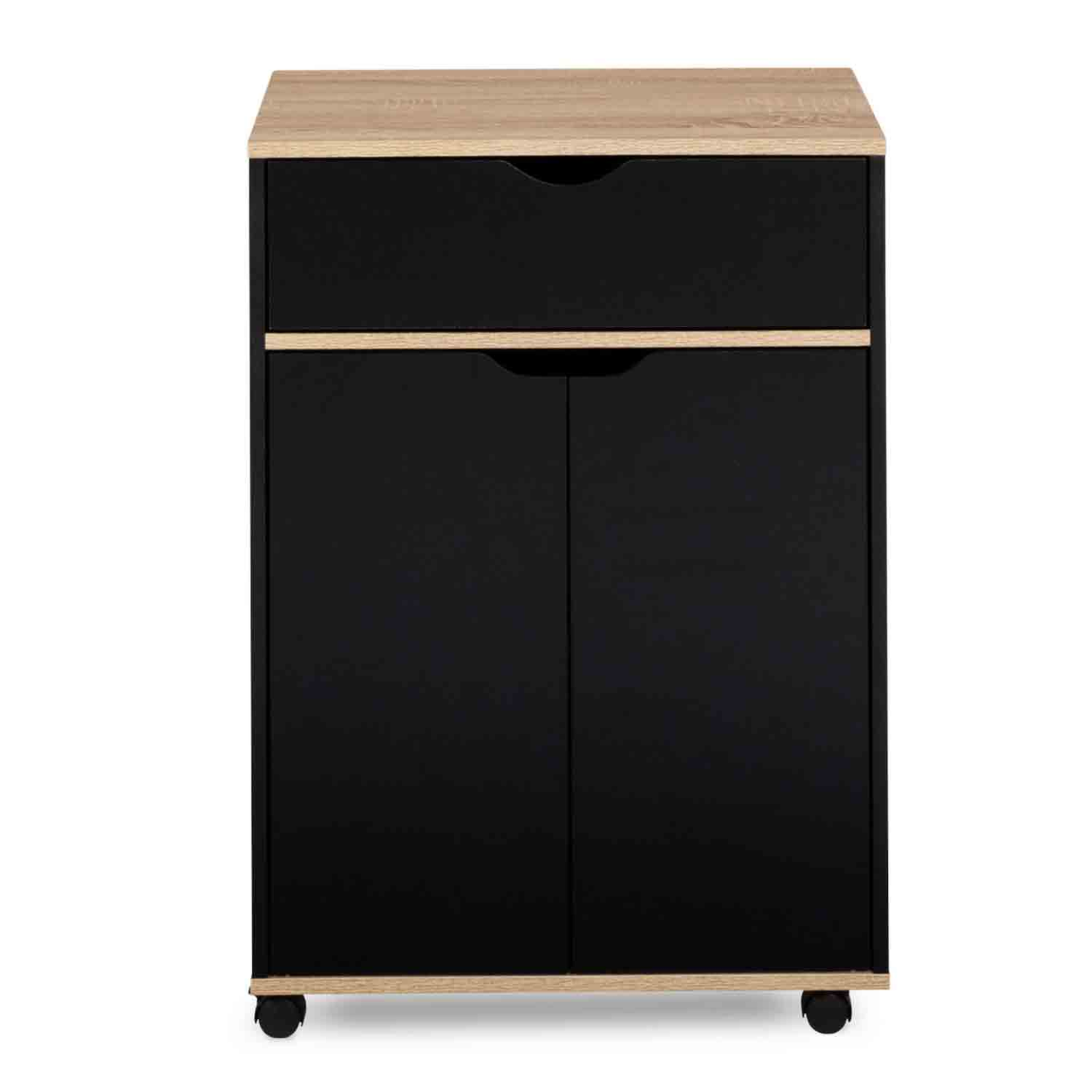 Voir la diapositive 3 : ID MARKET Desserte de cuisine cosy placard avec tiroir bois noir et plateaux façon hêtre l.60 cm