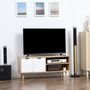 Voir la diapositive 2 : HOMCOM Meuble TV bas sur pied style scandinave 2 portes 2 niches piètement effilé incliné bois panneaux blanc aspect bois