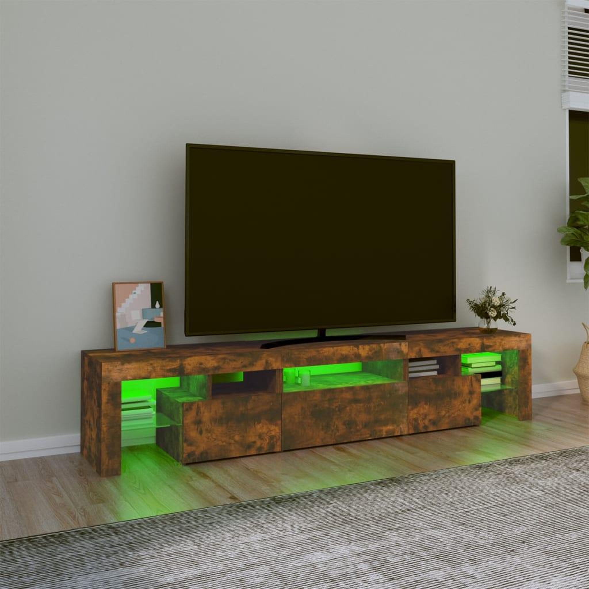 Voir la diapositive 4 : VIDAXL Meuble TV avec lumieres LED Chene fume 200x36,5x40 cm