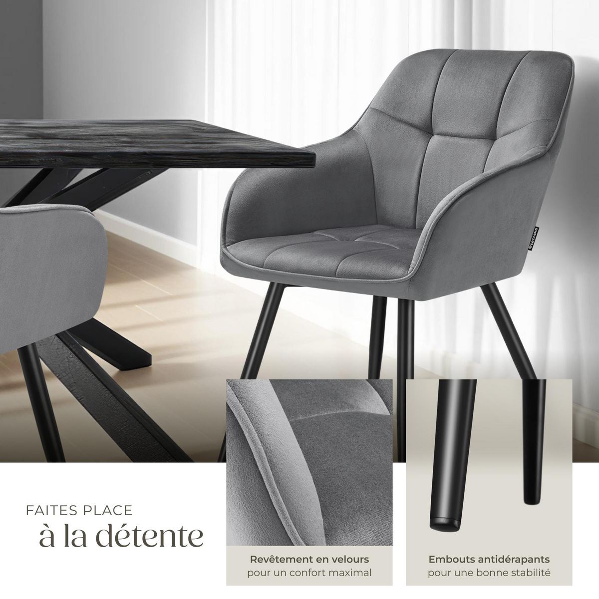 tectake Chaise de salle à manger rembourrée et en velours matelassé gris/noir Lot de 4