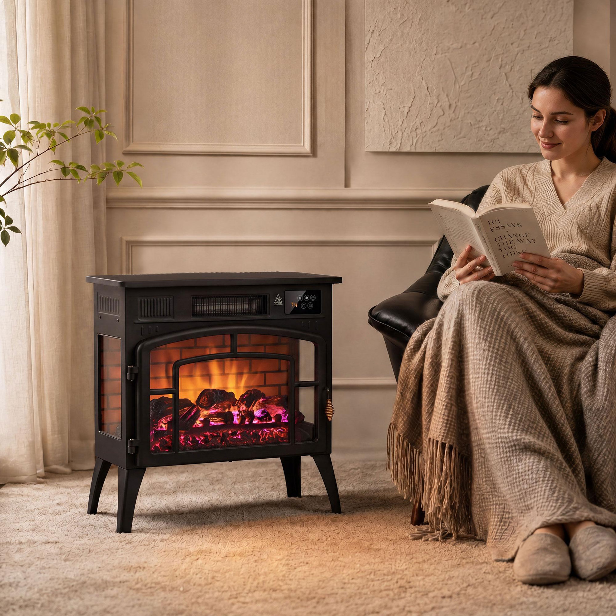 Voir la diapositive 2 : HOMCOM Cheminée électrique design poêle à bois 1000W/2000W foyer vitré face et côtés