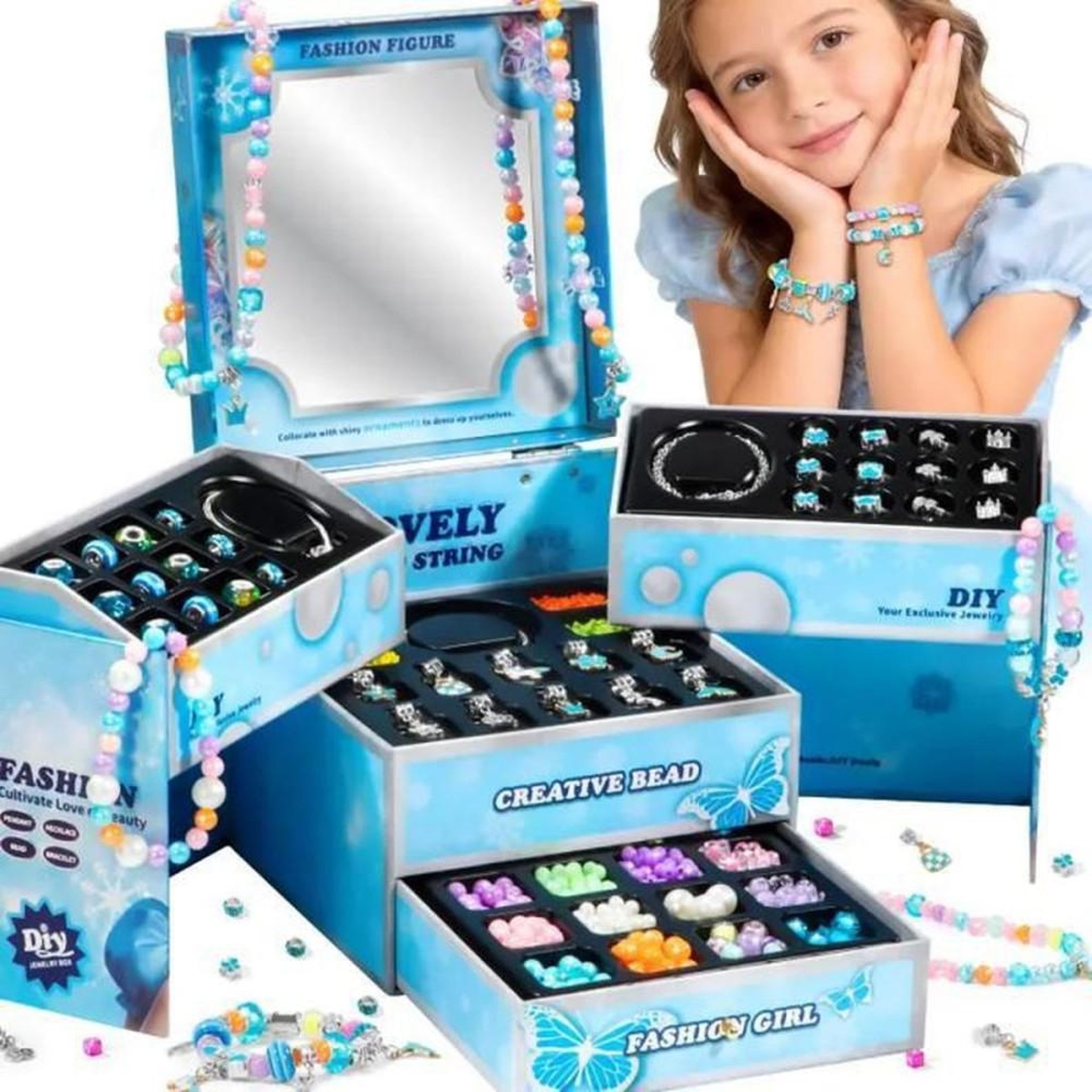 Kit de création de bijoux DIY fille Princess avec perles non toxiques, montage sans colle et mini miroir