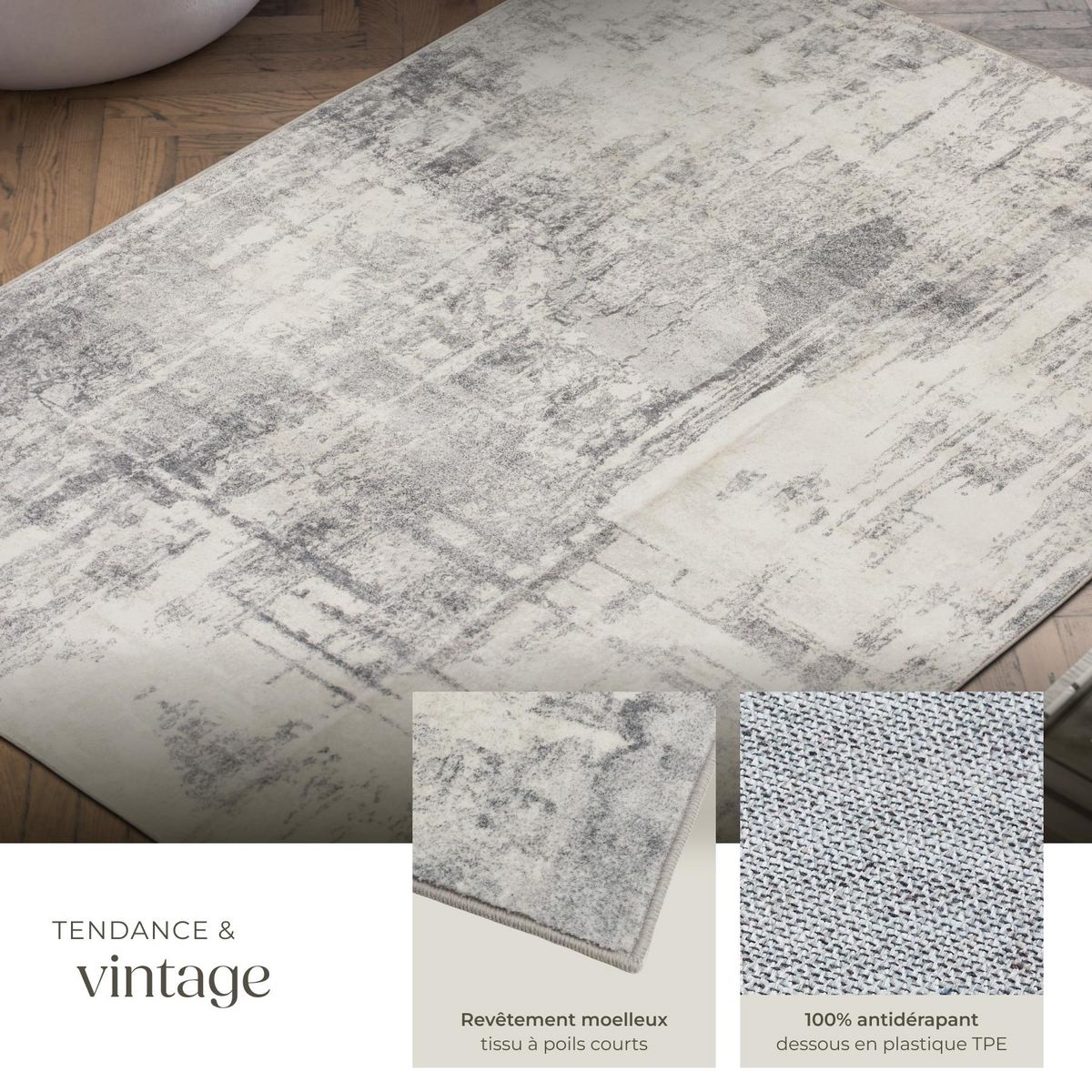 tectake Tapis design vintage à poils courts en laine synthétique et feutre beige/gris 160 x 230 cm