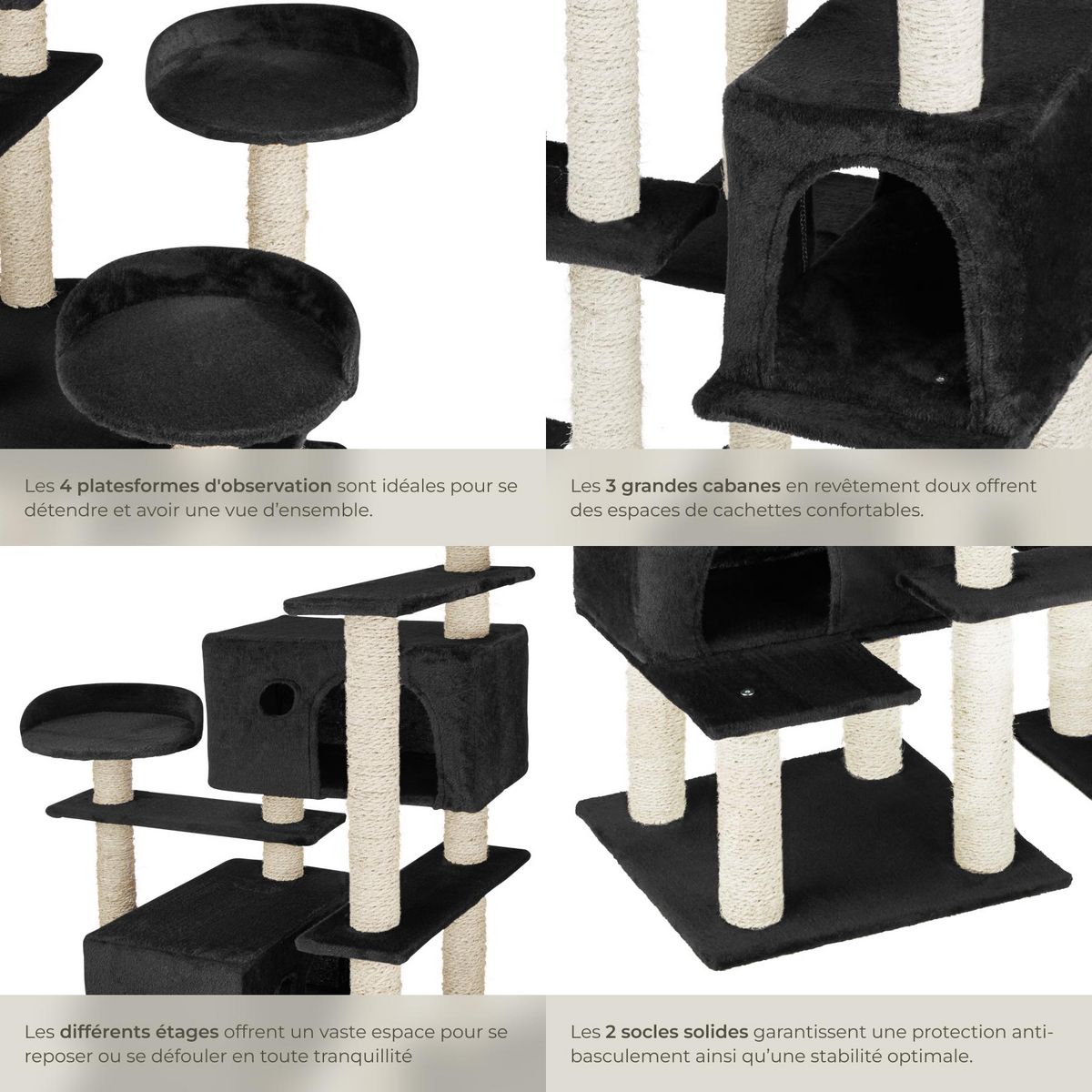 tectake Arbre à chat 214 cm avec griffoir et plateforme d'escalade noir
