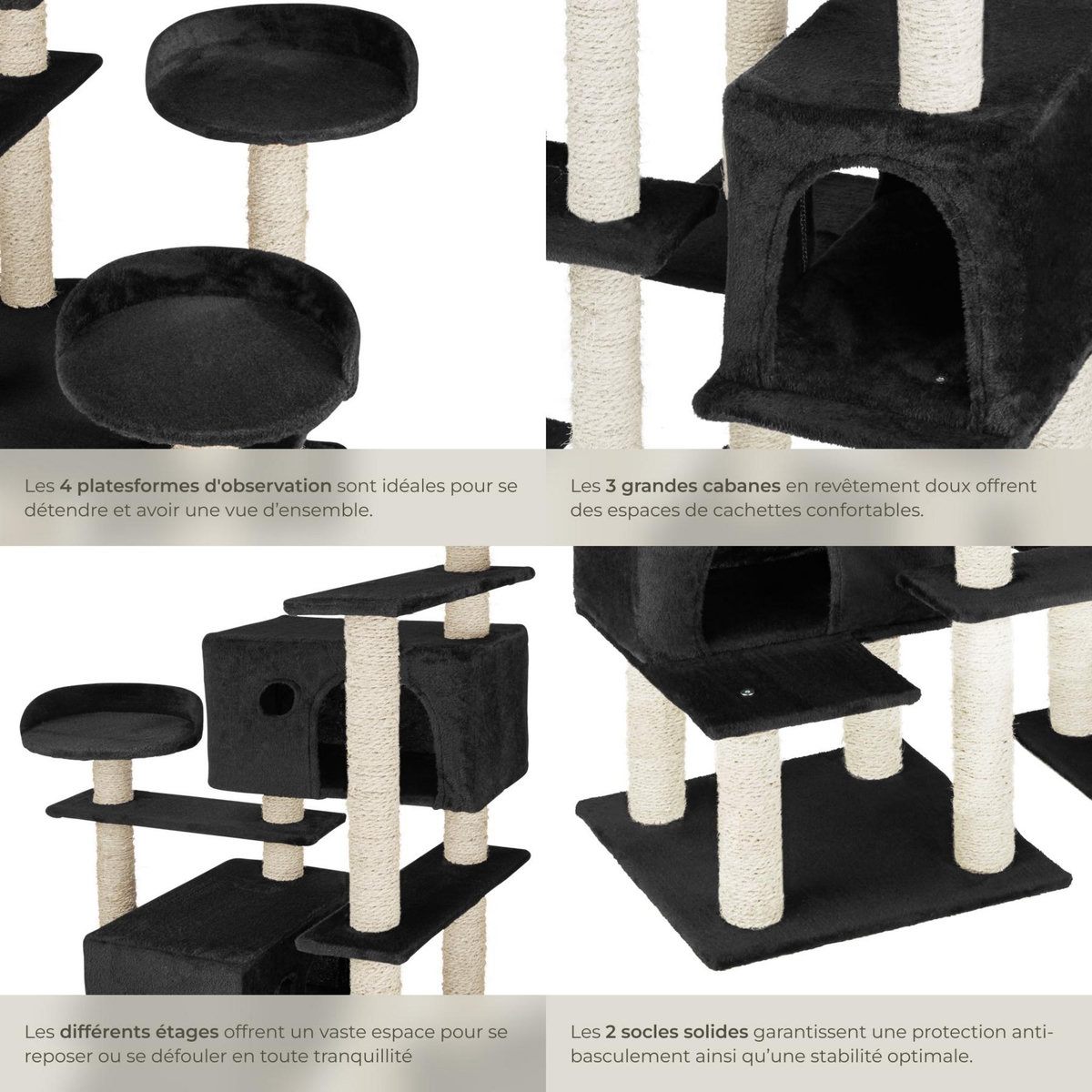 tectake Arbre à chat 214 cm avec griffoir et plateforme d'escalade noir