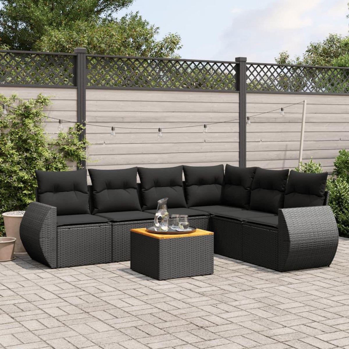 VIDAXL Salon de jardin 7 pcs avec coussins noir resine tressee