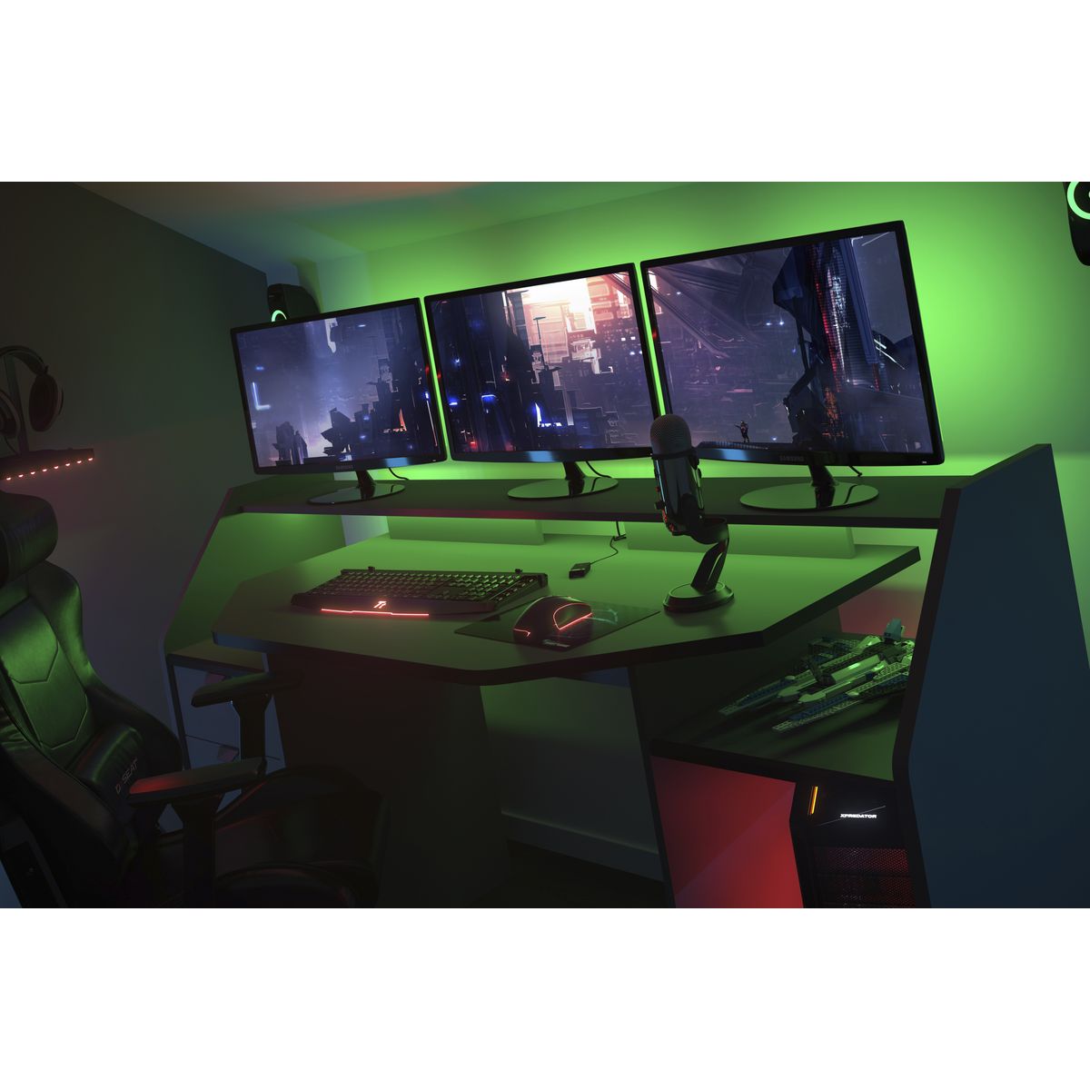 Bureau droit spécial gaming avec large plateau et leds L180cm GAMER