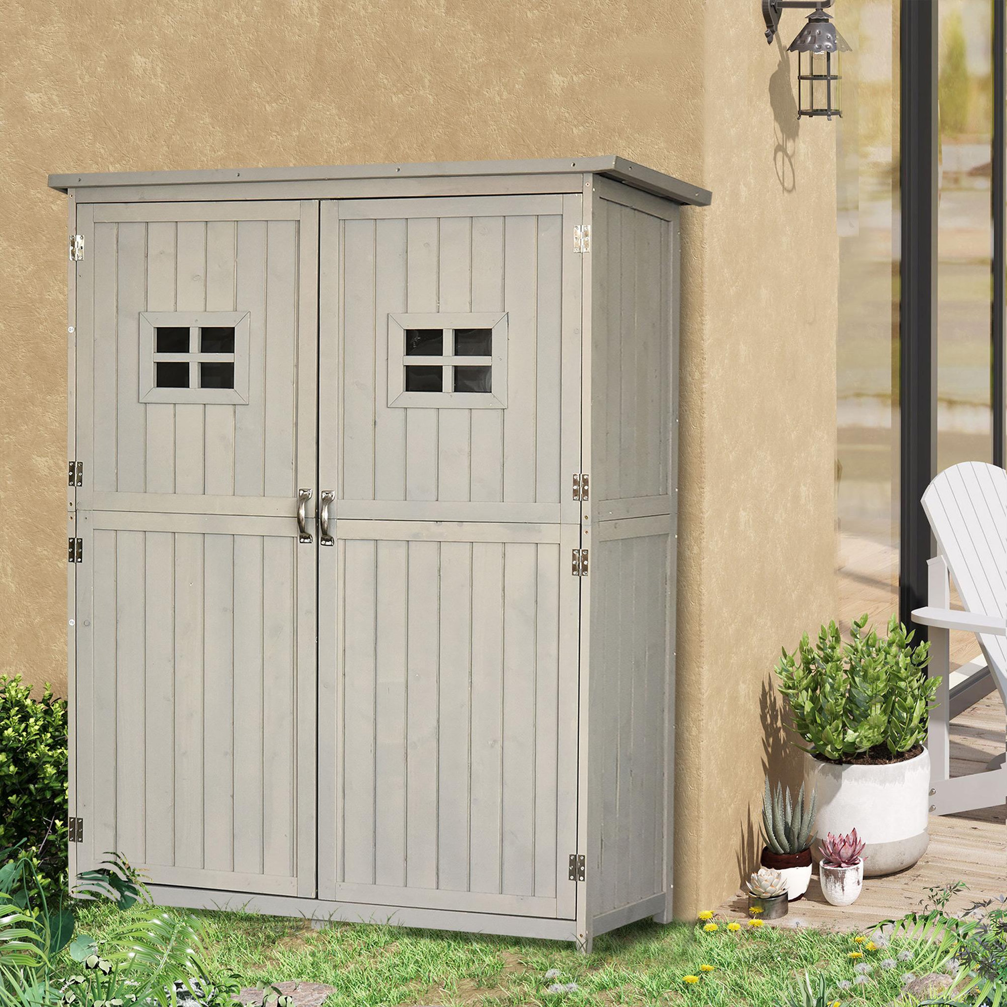 Voir la diapositive 4 : OUTSUNNY Abri de jardin armoire de jardin remise pour outils sur pied dim. 128L x 50l x 164H cm 2 étagères 2 portes 2 fenêtres toit bitumé étanche bois massif sapin pré-huilé gris