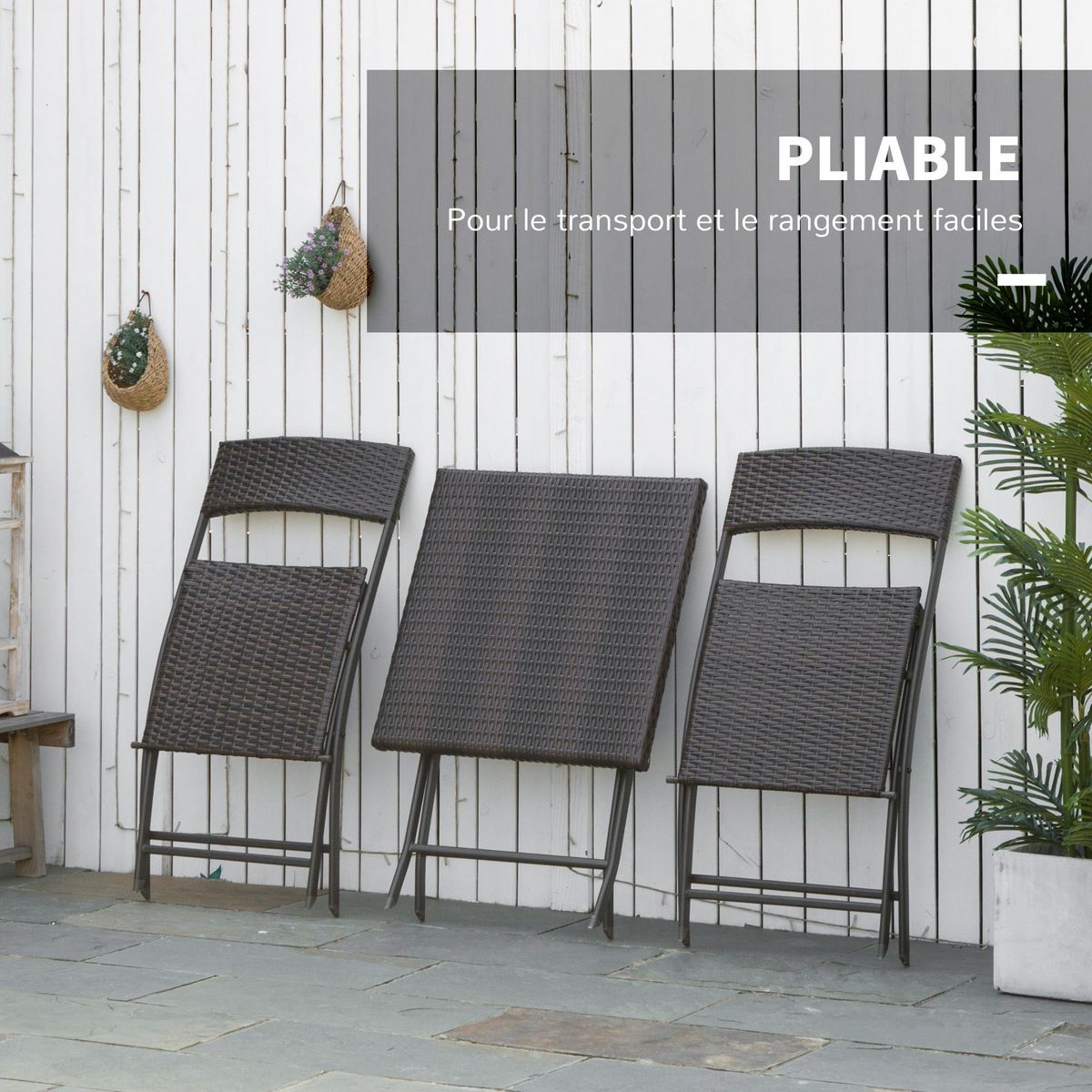 OUTSUNNY Ensemble meubles de jardin design table carré et chaises pliables résine tressée 4 fils métal noir