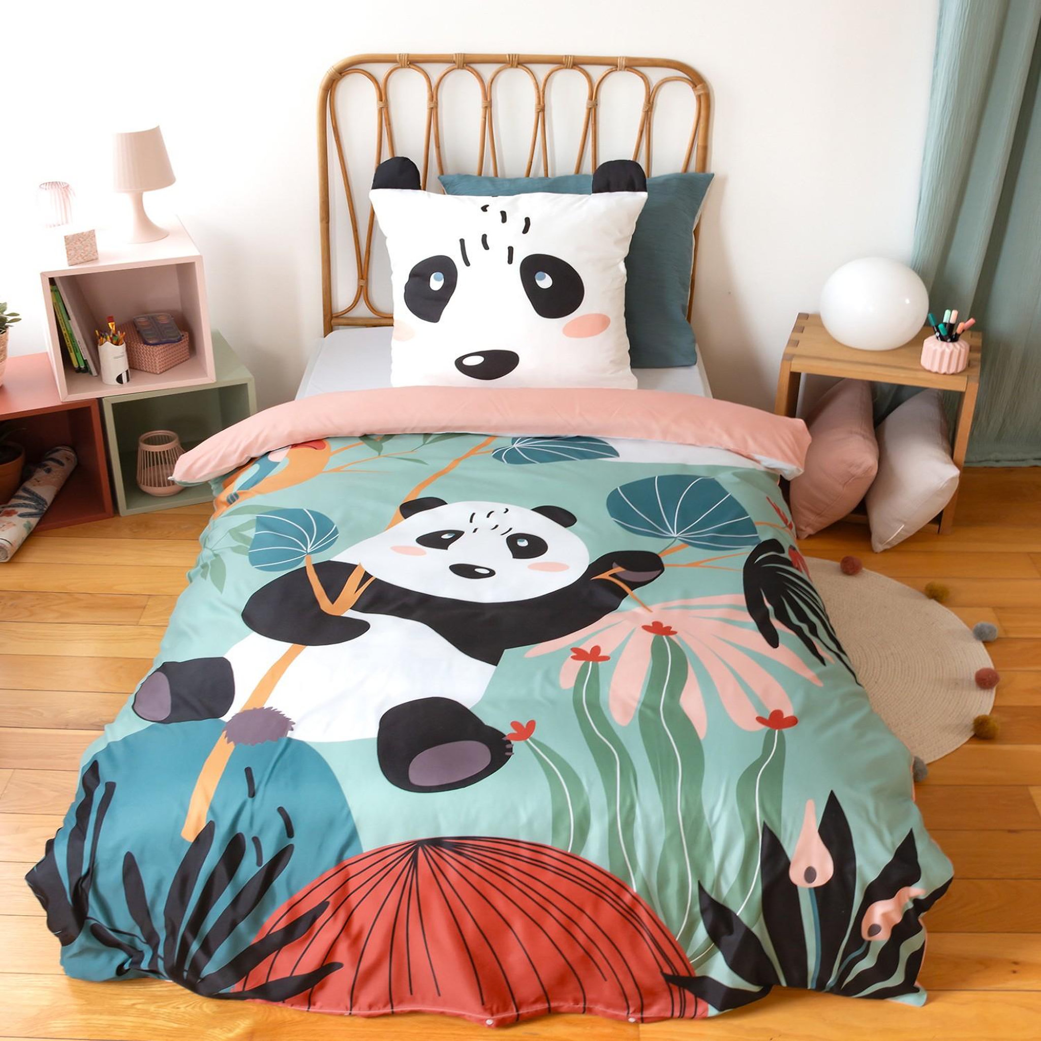 Home collection Parure housse de couette 100% microfibre 140x200 cm, panda. Coloris disponibles : Vert