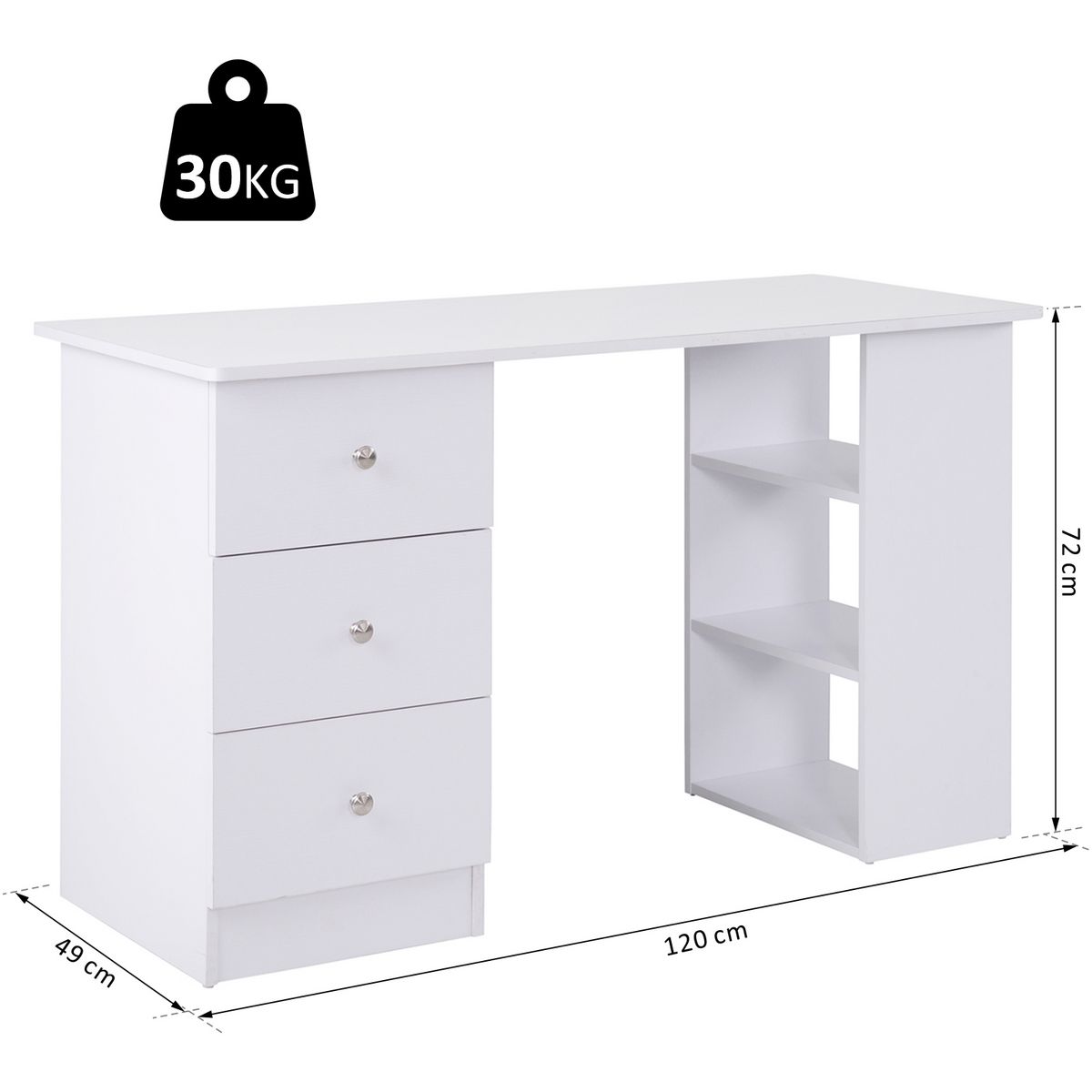 HOMCOM Bureau informatique multimédia multi-rangements 3 tiroirs 2 étagères 120L x 49l x 72H cm blanc