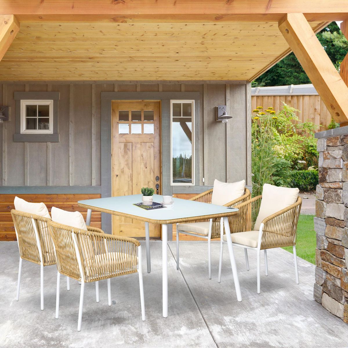 OUTSUNNY Salon de jardin 4 places 5 pièces table à manger chaises empilables coussins alu résine blanc beige