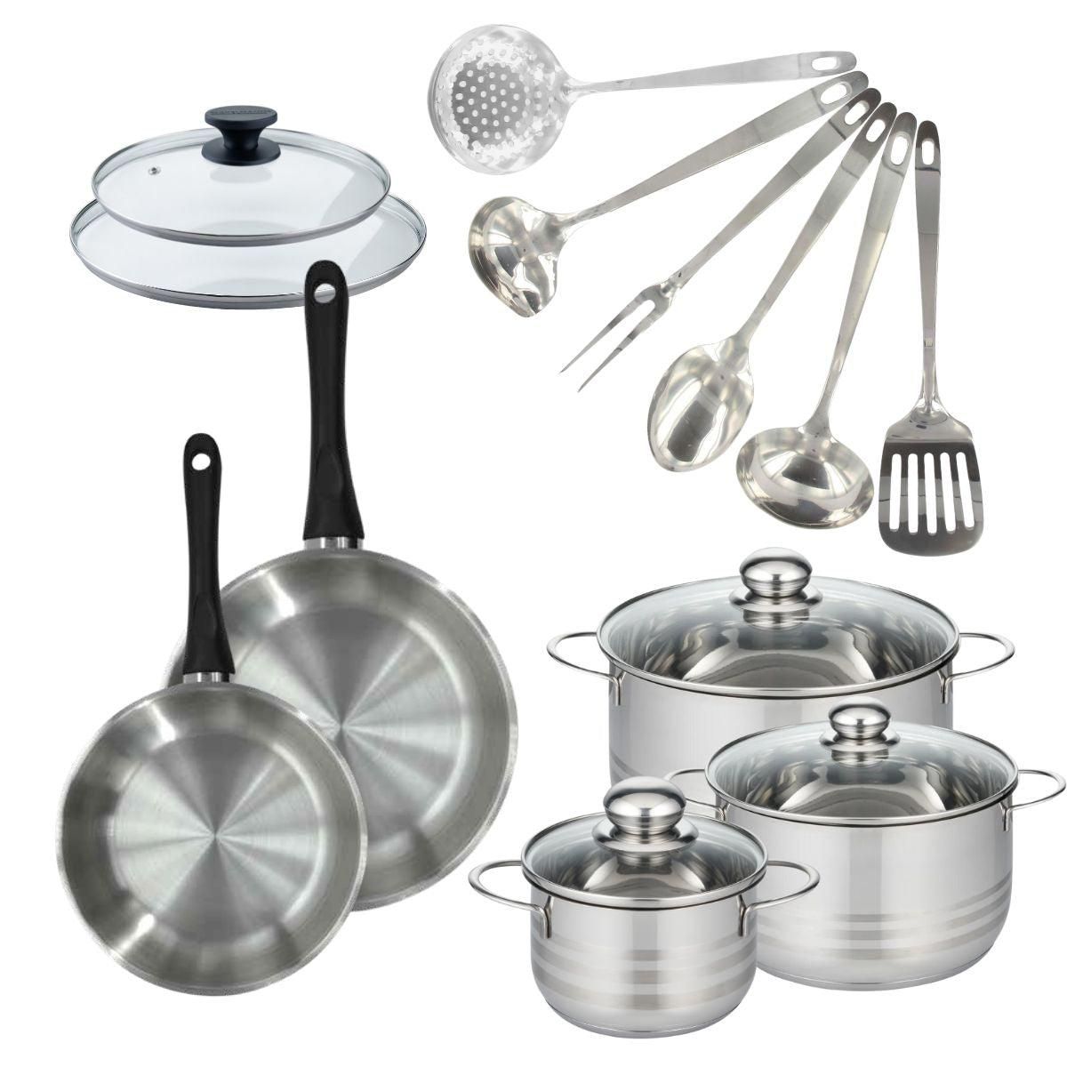 Fackelmann Set de 2 poêles 20, 24 cm inox, couvercle verre, 3 faitouts inox 16, 20 et 24 cm et 6 ustensiles inox Fackelmann Geneva