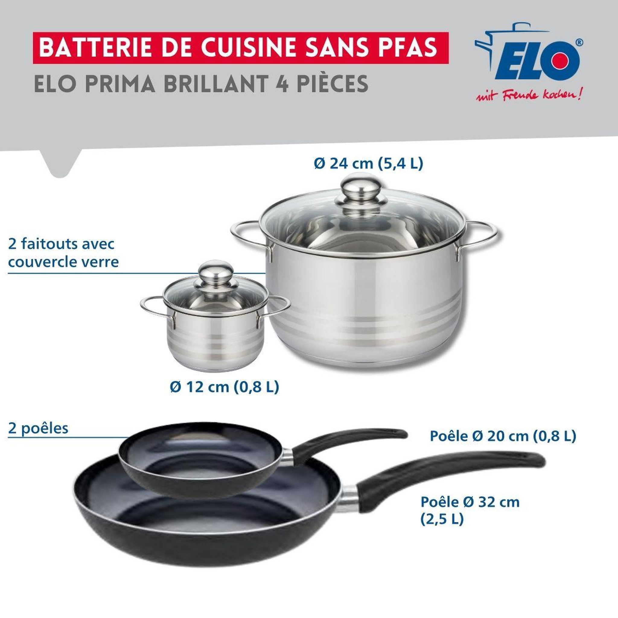 Voir la diapositive 2 : ELO Ensemble de 2 poêles de cuisson 20 et 32 cm et 2 faitouts 12 et 24 cm elo prima brillant