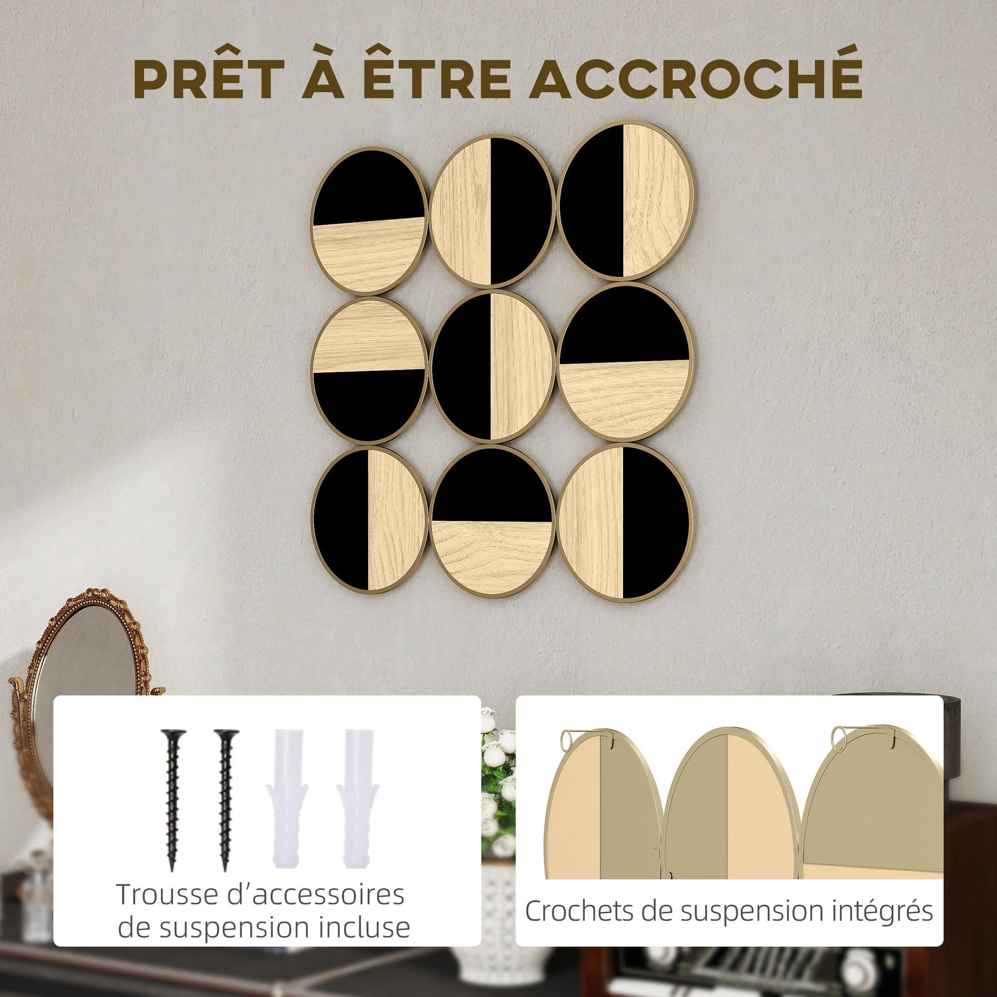 Voir la diapositive 5 : HOMCOM Décoration murale métal doré géométrique 9 disques 60 x 60 cm bicolore effet bois naturel noir