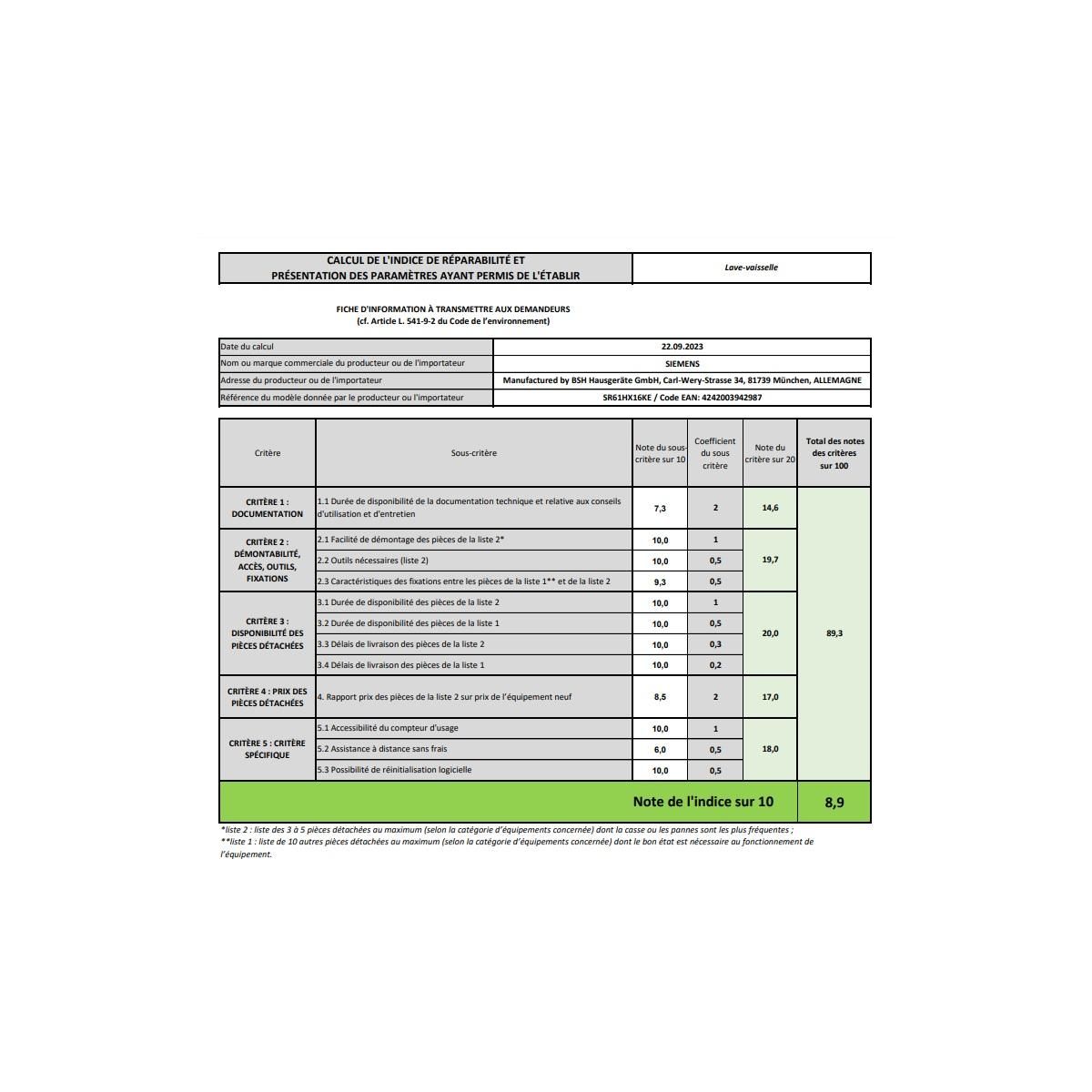 Siemens Lave-vaisselle 45cm 10 couverts tout intégrable - SR61HX16KE
