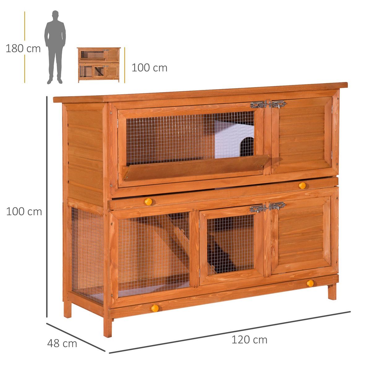 PAWHUT Cage a lapin poulailler clapier en bois de pin de grande taille avec 2 etages 120x48x100 cm