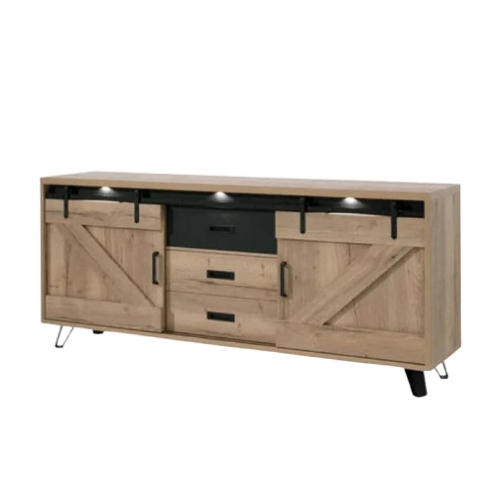 JLC KREATION Buffet industriel décor chêne clair 3 portes avec LED COSTA