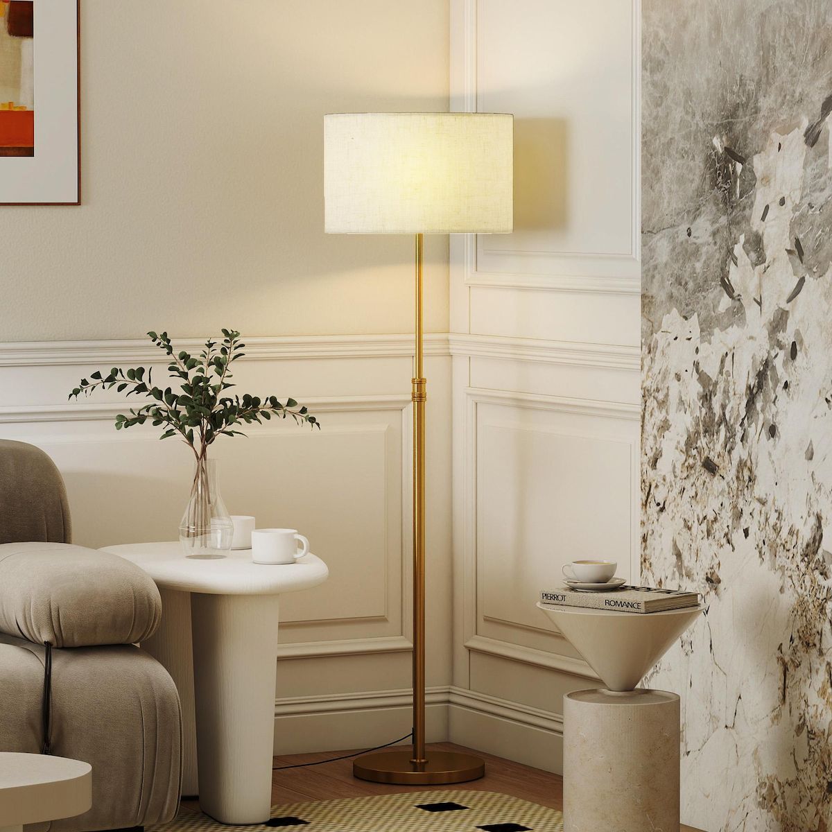 HOMCOM Lampadaire style néo-rétro métal doré abat jour lin beige H.133-168 cm réglable avec télécommande