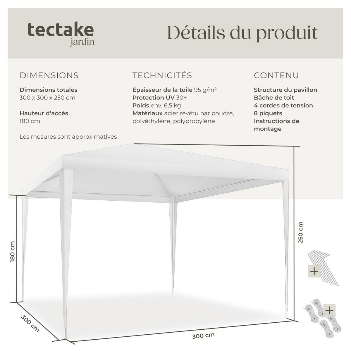 tectake Pavillon 3 x 3 m blanc