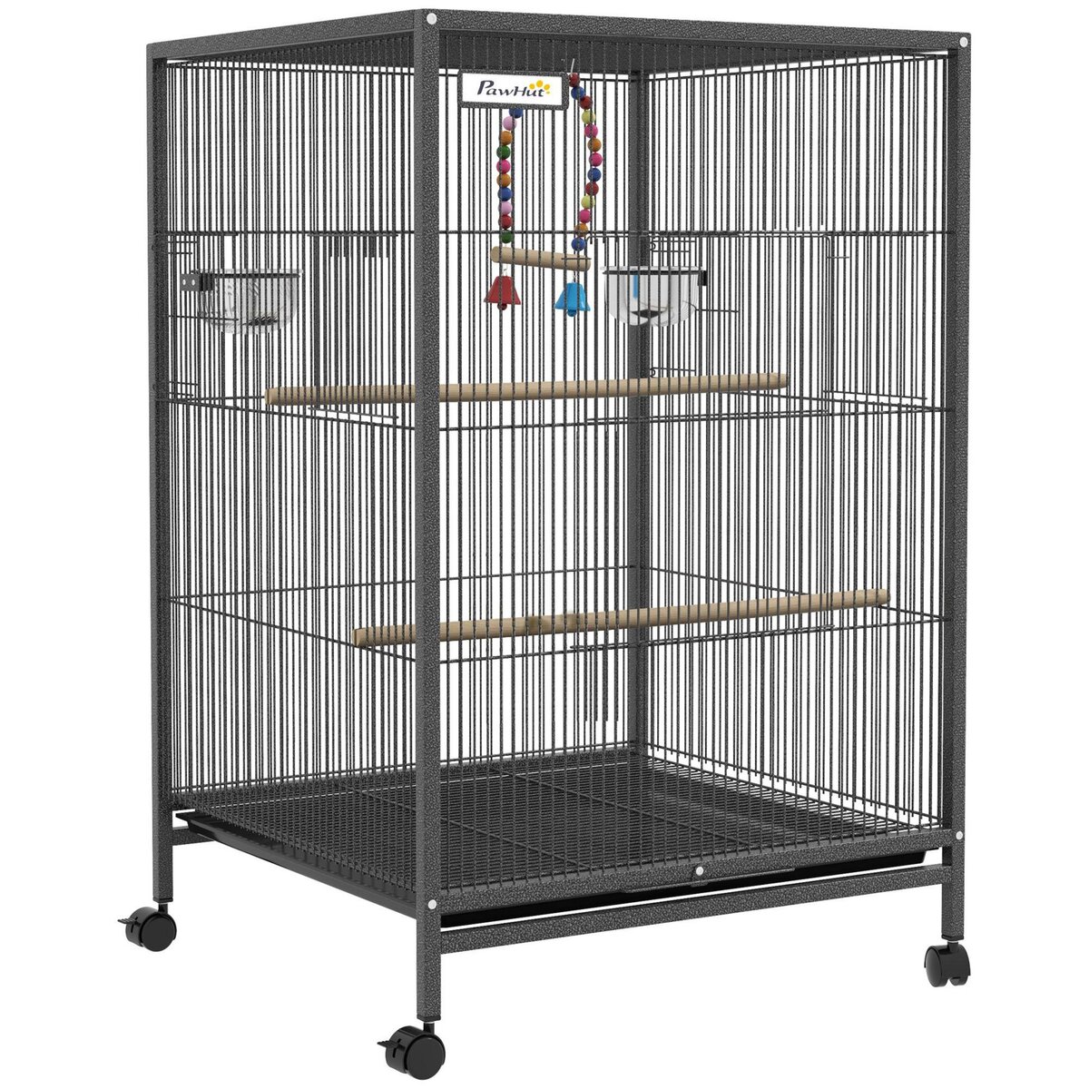 PAWHUT Cage à oiseaux sur roulettes - volière mobile - nombreux accessoires - dim. 48x46x74cm - acier époxy gris noir