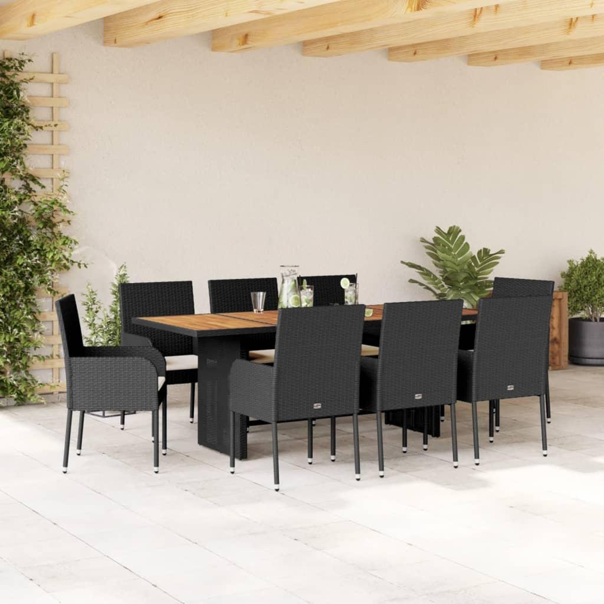 VIDAXL Ensemble a manger de jardin 9pcs coussins noir resine tressee