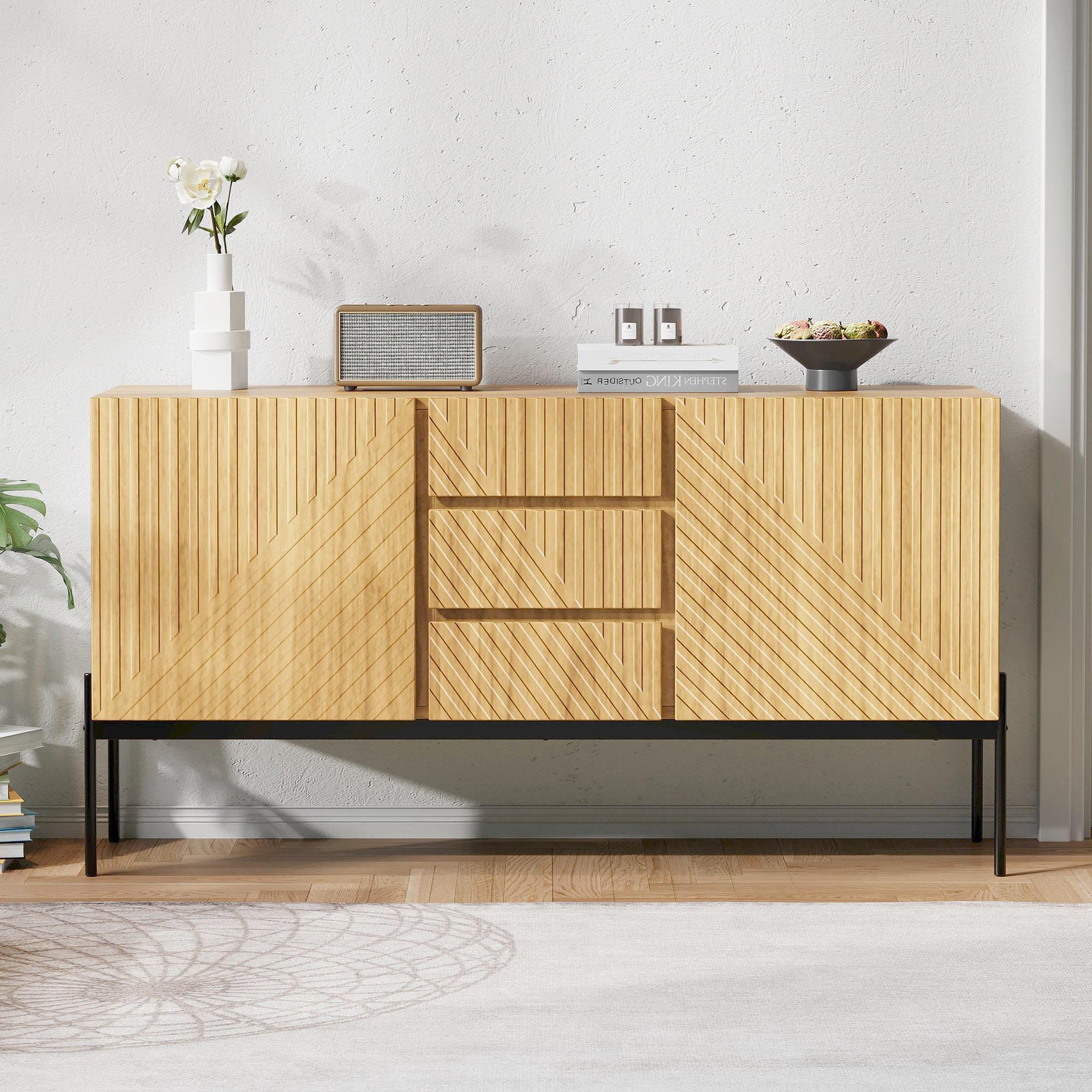 Voir la diapositive 4 : MERAX Buffet 2 portes 3 tiroirs - 150cm naturel panneaux de particules