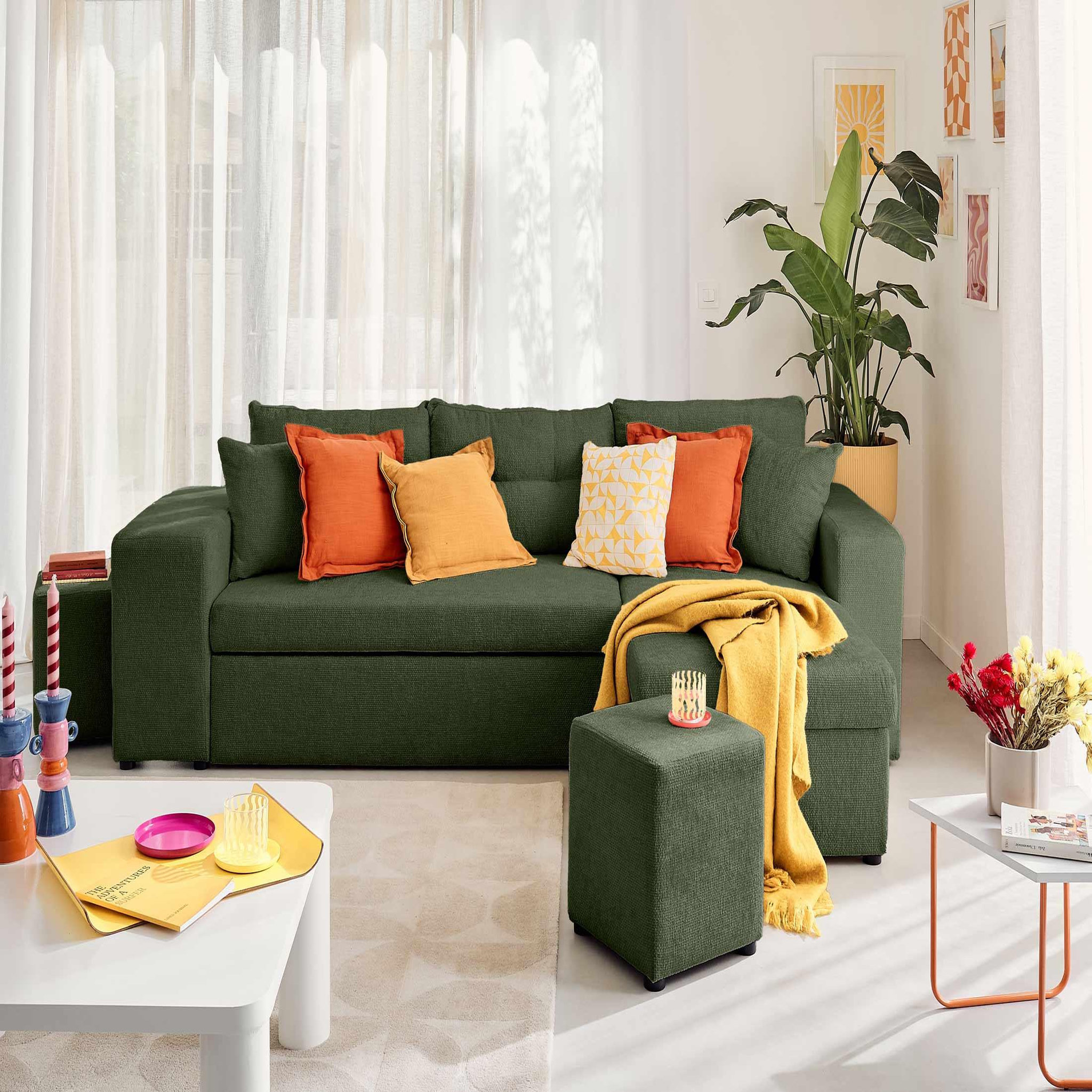 Voir la diapositive 4 : BEST MOBILIER California - canapé d'angle réversible 4 places - convertible avec coffre, étagère et poufs - en velours texturé