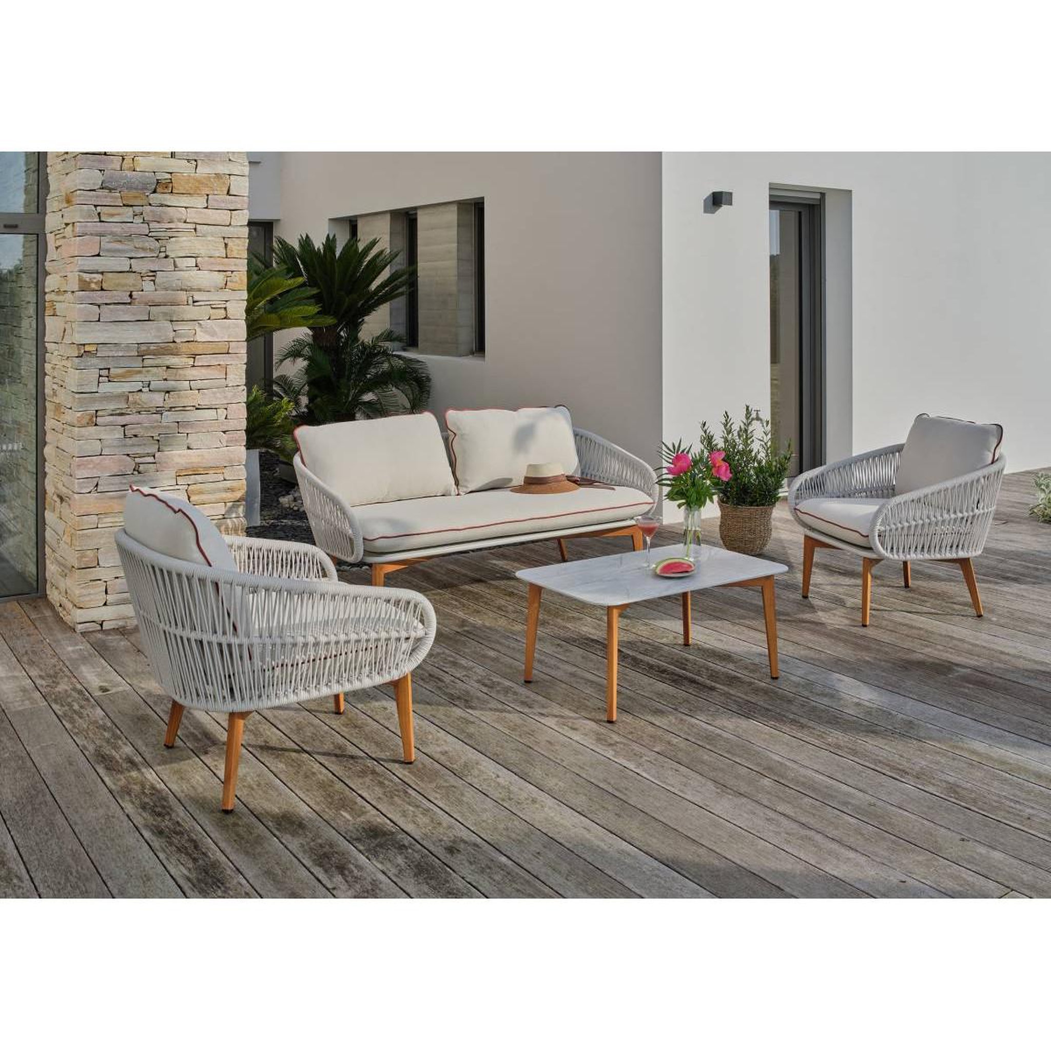 Voir la diapositive 4 : DCB GARDEN Salon de Jardin 5 Places  Cuzco  166cm Naturel & Blanc