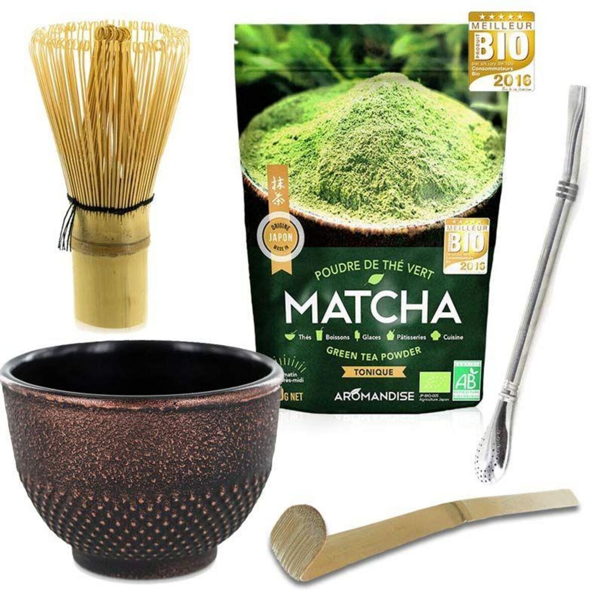 Aromandise Coffret thé Matcha + fouet + cuillère en bambou + tasse noir &  violet + paille inox avec filtre pas cher 