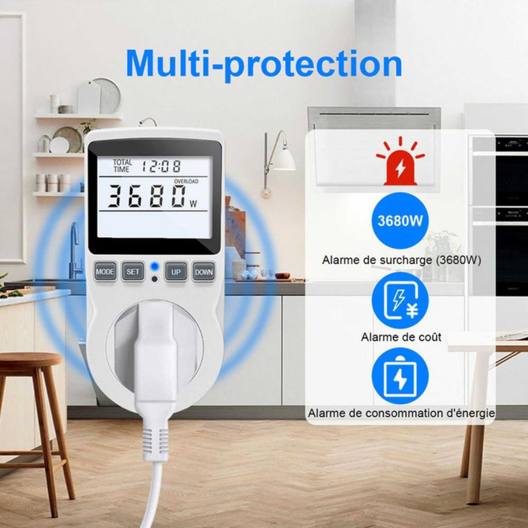 Voir la diapositive 4 : Prise wattmètre mesure l'énergie en temps réel 230 V, écran LCD rétroéclairé blanc, 11 modes, seuil de surcharge réglable jusqu'à 3680 W, alertes SURCHARGE