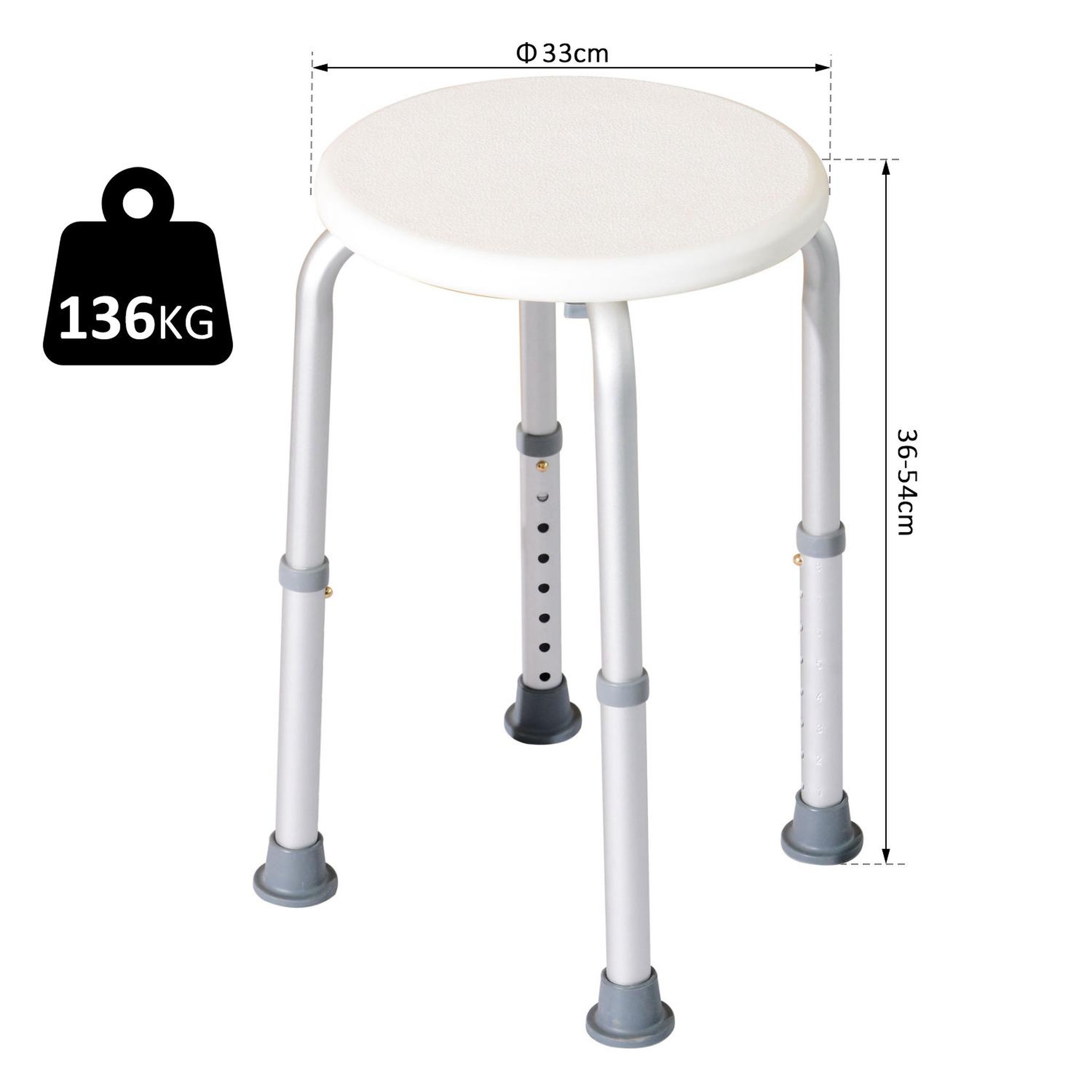Voir la diapositive 3 : HOMCOM Tabouret de douche réglable en hauteur siège de douche ergonomique pieds antidérapants charge max. 136 kg alu hdpe blanc